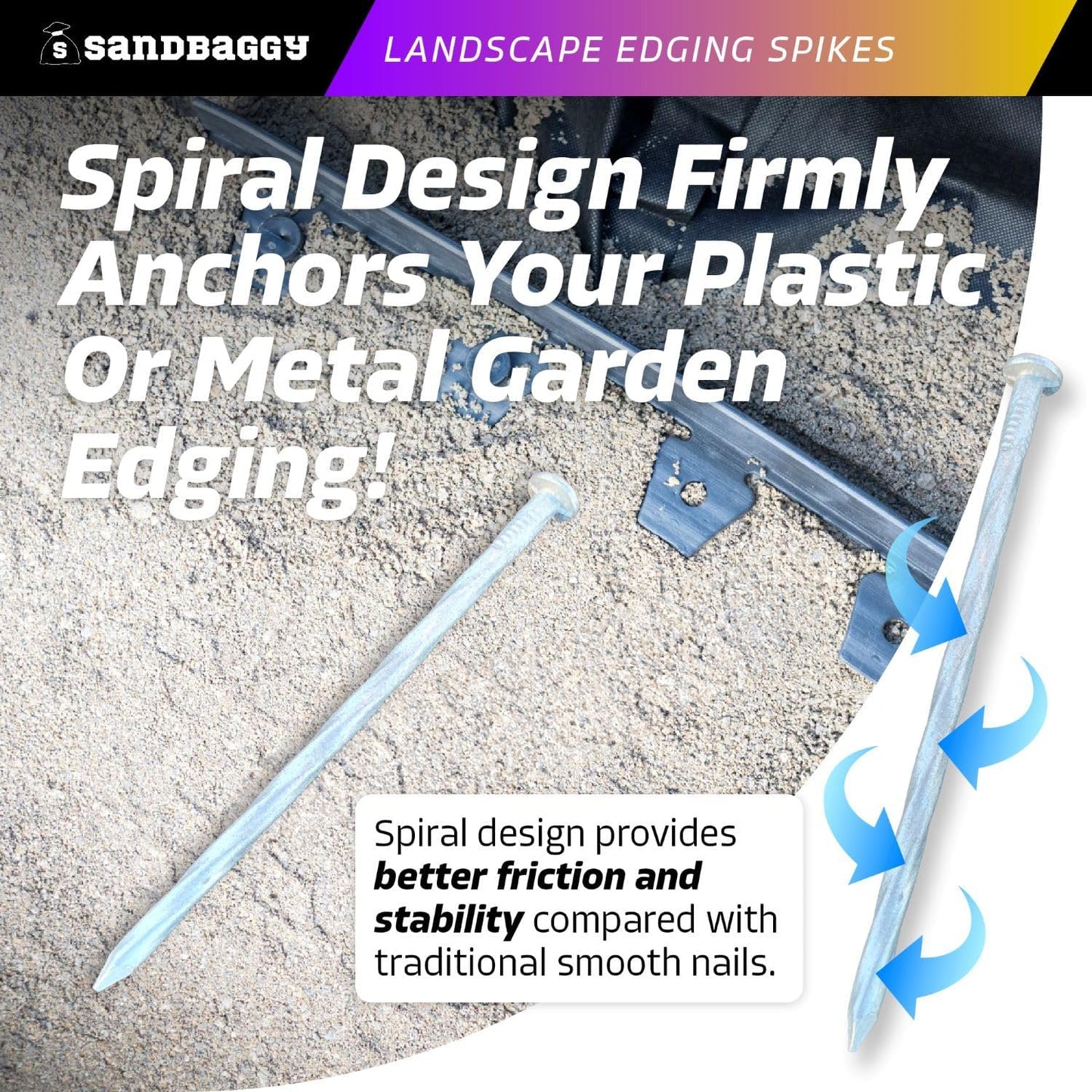 Sandbaggy 6 inch Galvanized Landscape Edging Spikes - Spiral Landscape Nails - 7 Gauge Steel - Great for Hard Rocky Soil - Also Great for Paver Edging, Artificial Turf, Landscape Fabric (100, 6 inch)