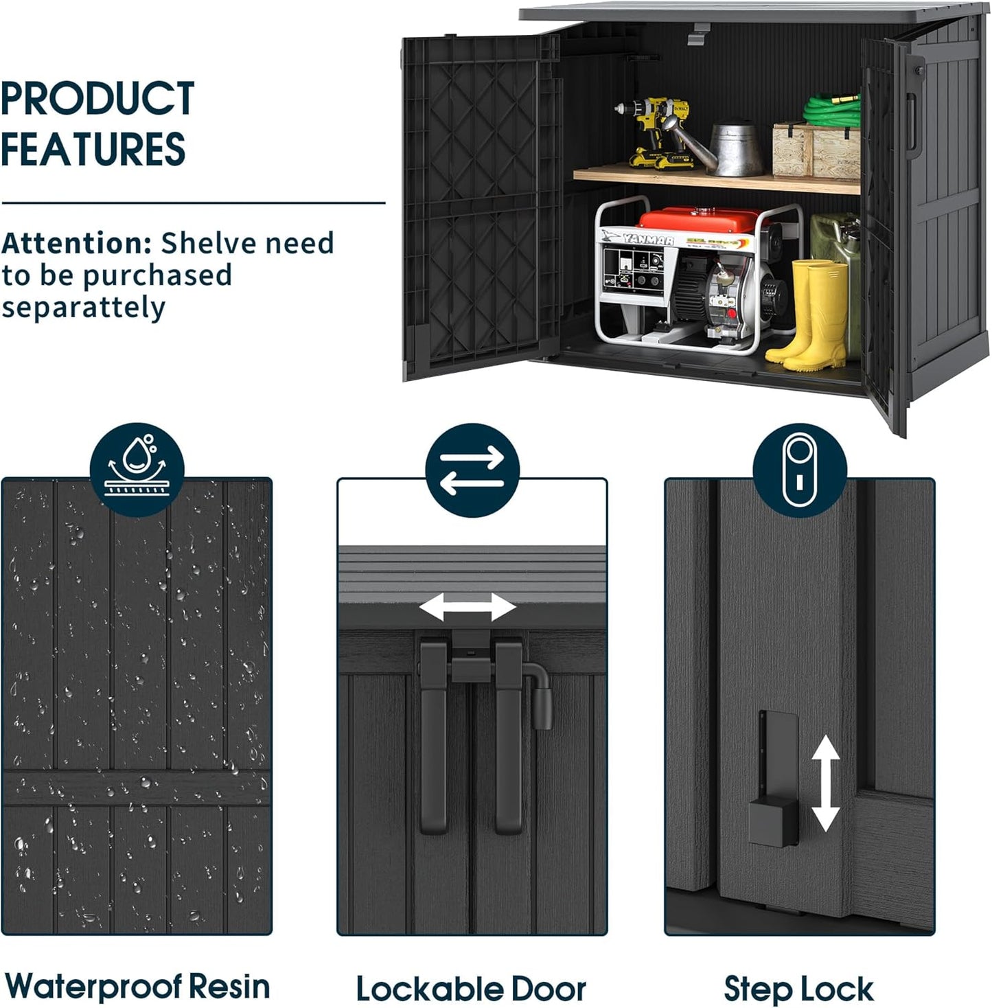 Outdoor Storage Cabinet 36 Cu Ft with Lockable Doors, Portable Horizontal Resin Storage Shed -Easy to Assemble, Waterproof Outdoor Storage Box for Backyards,Patios Black