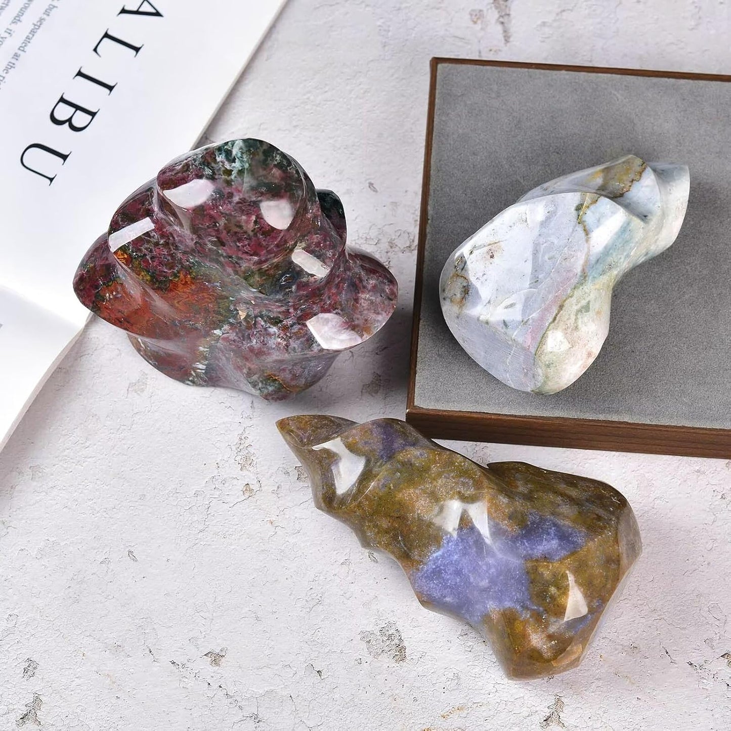 AMOYSTONE Ocean Jasper Flame Shaped Stone Towers Obelisk Natural Healing Crystal Quartz Reiki Energy Decoration Home Office Decor 4.0-4.4LBS