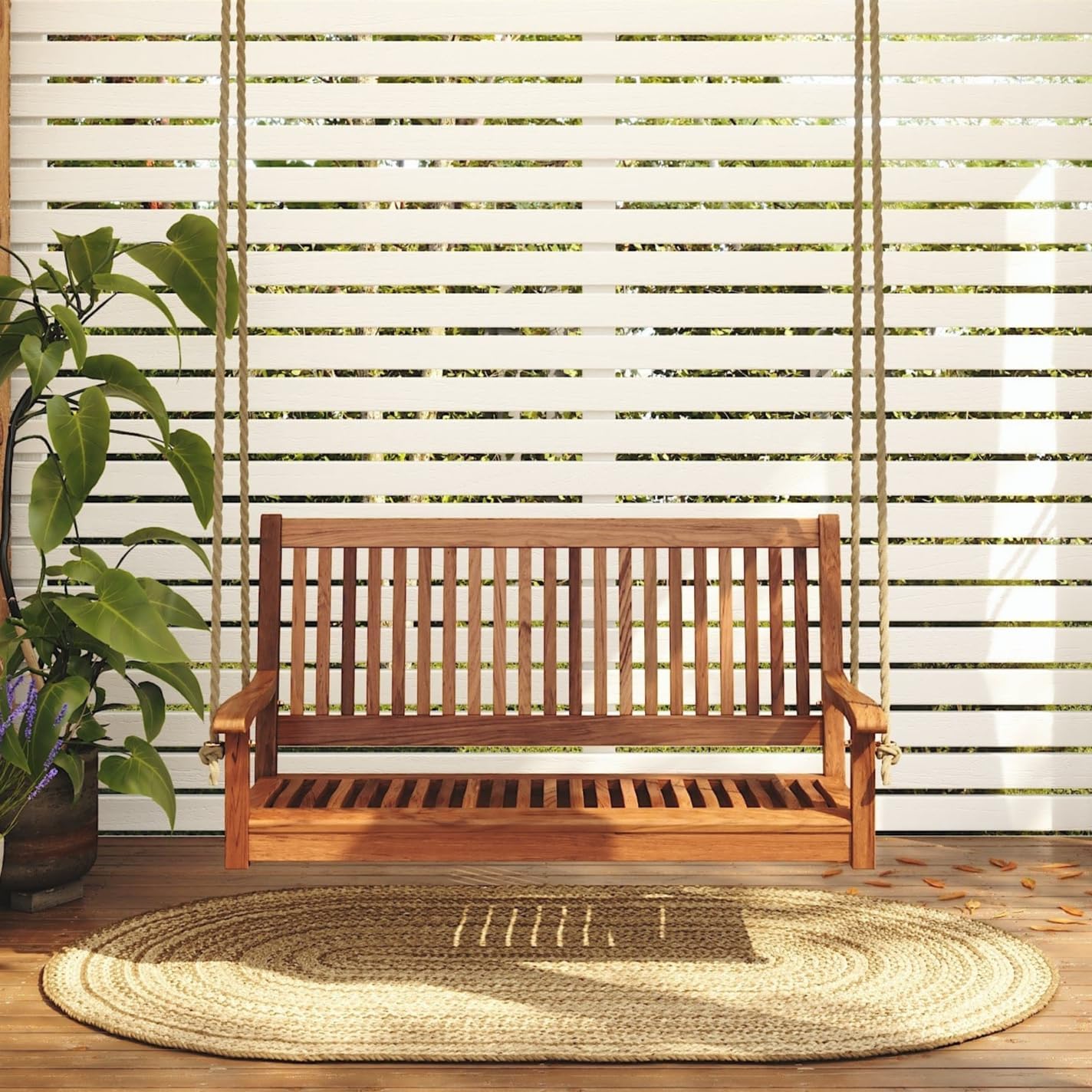 East Green Hayden 4 Foot Wooden Porch Swing in Natural Oil Finish - Outdoor Bench Swing Crafted from Naturally Weather-Resistant Acacia Wood