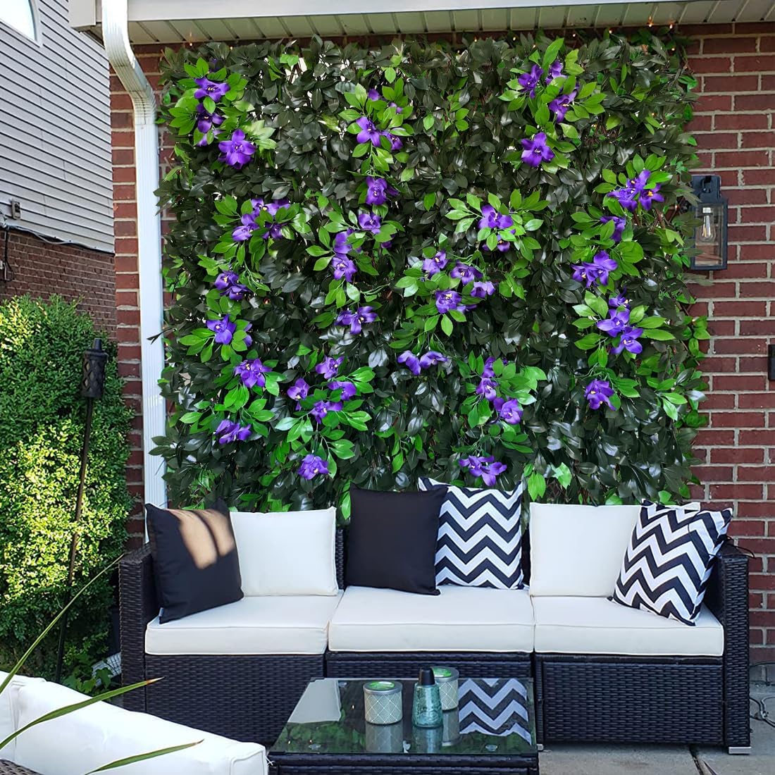 Expandable Fence Privacy Screen for Balcony Patio Outdoor,Decorative Faux Ivy Fencing Panel,Artificial Hedges (Single Sided Leaves) (1, Branches -Purple Fowers)
