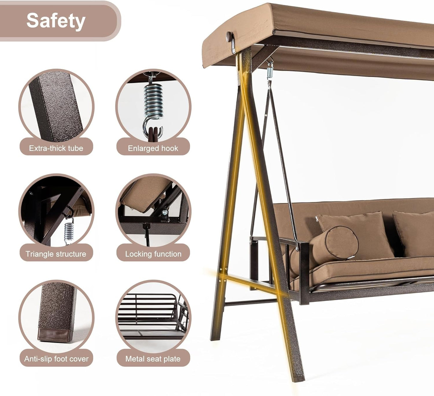 PURPLE LEAF Outdoor Patio Porch Swing Adjustable Backrest, 3-seat Swing Chair with Weather Resistant Steel Frame for Backyard Front Porch Lawn, Cushion and Pillows Included, Beige