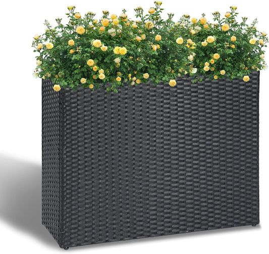 LEWIS&WAYNE Large Rectangular Block Planter Box Handmade Wicker Tall Planters for Outdoor Plants with Removable Liners Modern Planter for Indoor Outdoor Patio Deck - Black, 32''x11''x24''