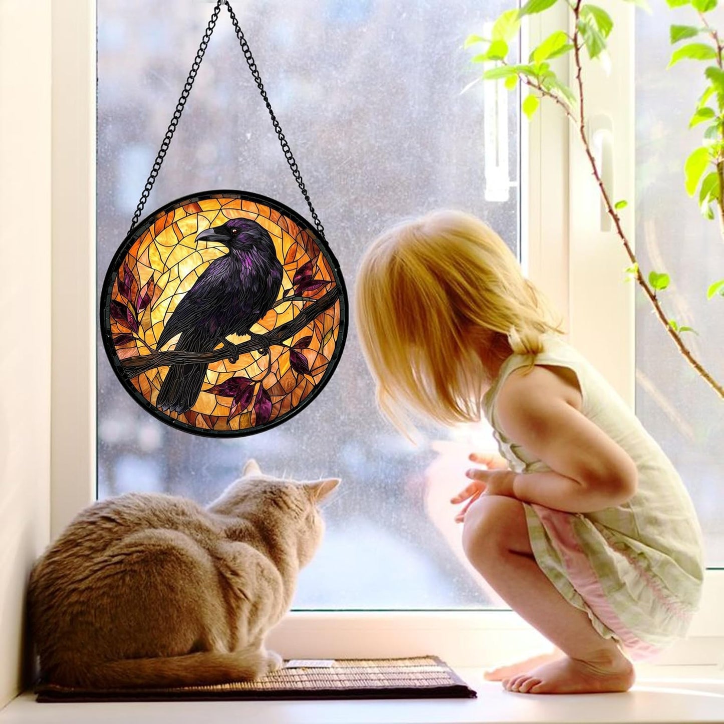Stained Glass Window Hanging - Crow on a Branch Suncatcher Ready to Hang Window Doors Home Decoration and Christmas, Mother's Day Birthday Gifts for Women, Men, and Mom 9.8x9.8 in
