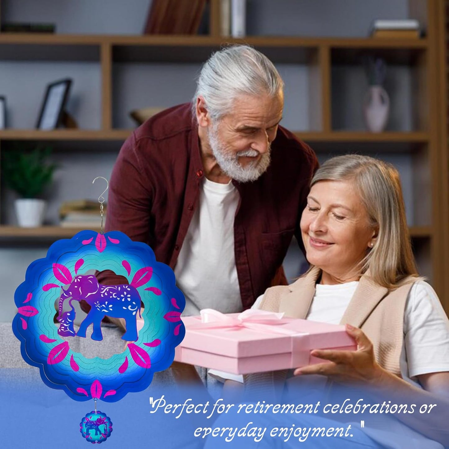 12 inch Elephant 3D Stainless Steel Wind Spinners, Hanging Garden Spinner Kinetic Art Garden Decorations, Reflective Wind Sculpture for Indoor/Outdoor Decor