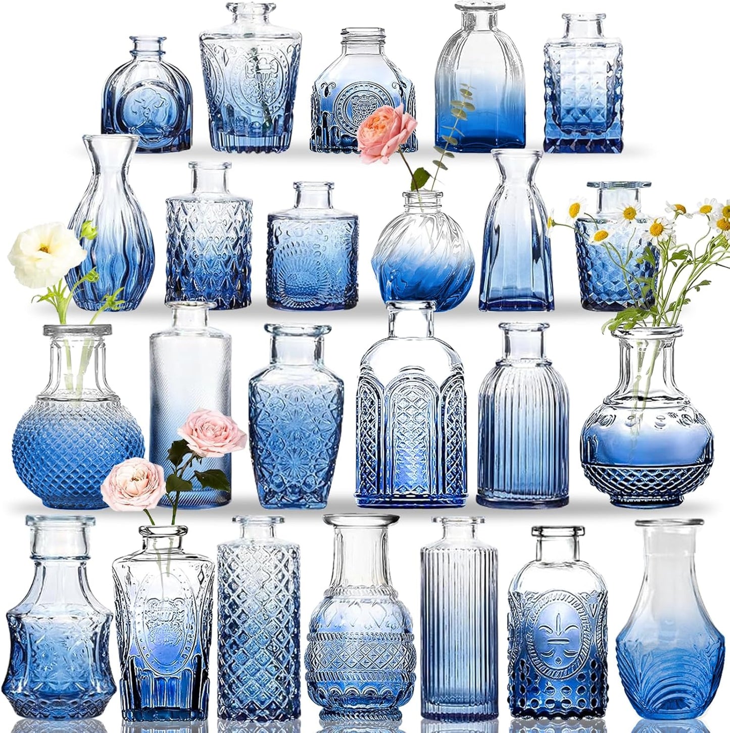 Bud Vases Set of 24, Gradient Blue Vintage Small Vases for Flowers, Clear Crystal Mini Glasses in Bulk, Small Flower Design for Centerpieces Wedding Home Flower Party Decor