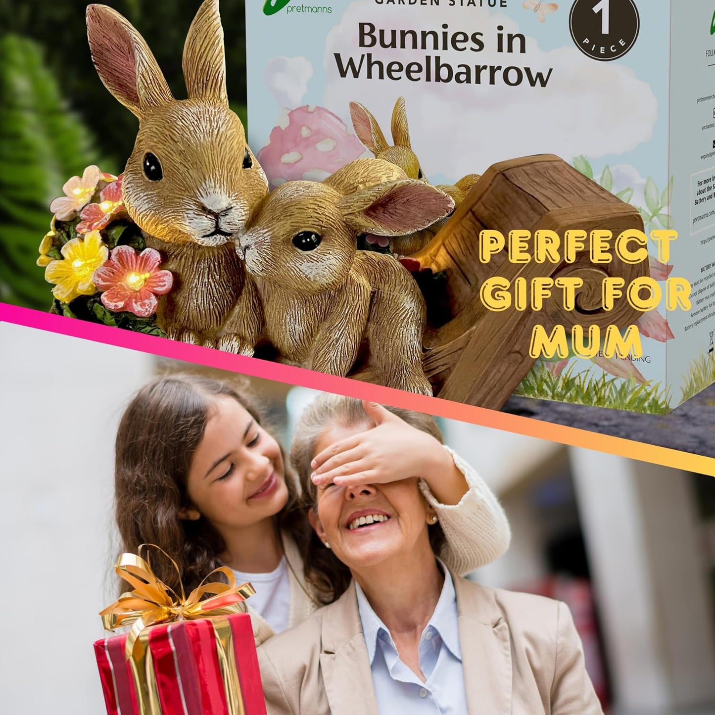 PRETMANNS Solar Rabbit Garden Statue - Mother & Baby Bunny Outdoor Decor with LED Lights for Patio, Yard Ornaments & Gifts for Women & Mom - Large