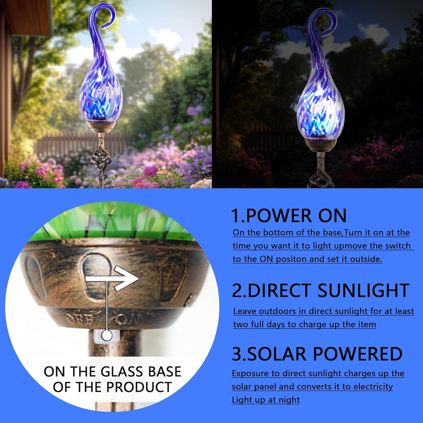 Garden Solar Lights Outdoor, Decorative LED Pearlized Glass Spiral Garden Stake with Finial, Hand Blown Glass and Metal Outdoor Decoration, 3 x 36 Inch (Dark Blue)
