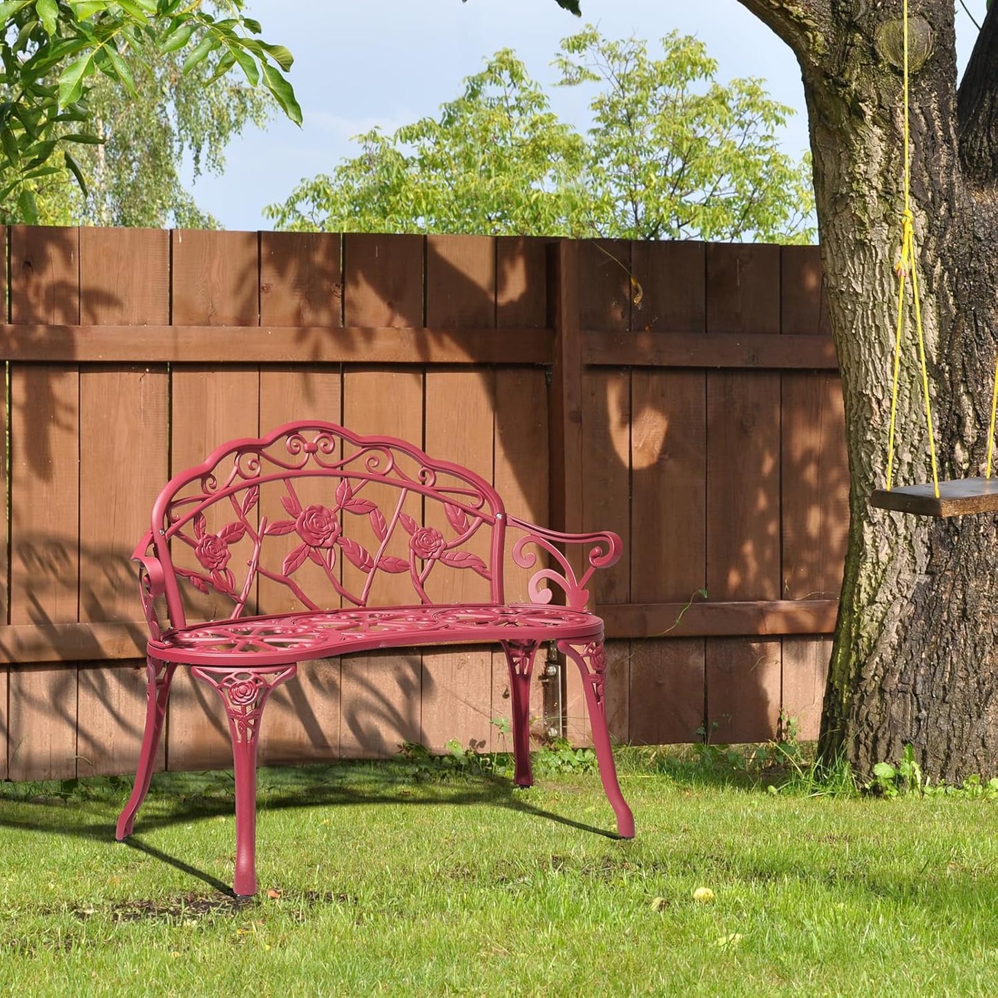 Bonnlo 38.5" Patio Outdoor Bench, Cast Anti-Rust Iron Aluminum Garden Bench with Rose Patten Finish Chair, Entryway Bench 2 Person Seat for Patio, Lawn, Backyard