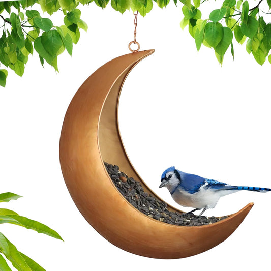 Hanging Moon Bird Feeder – Unique Metal Bird Feeders for Outdoors, Antique Gold, Rust-Resistant, Drain Holes – Wild Bird Feeder for Bluebirds, Cardinals, Finches, and Backyard Birdwatching