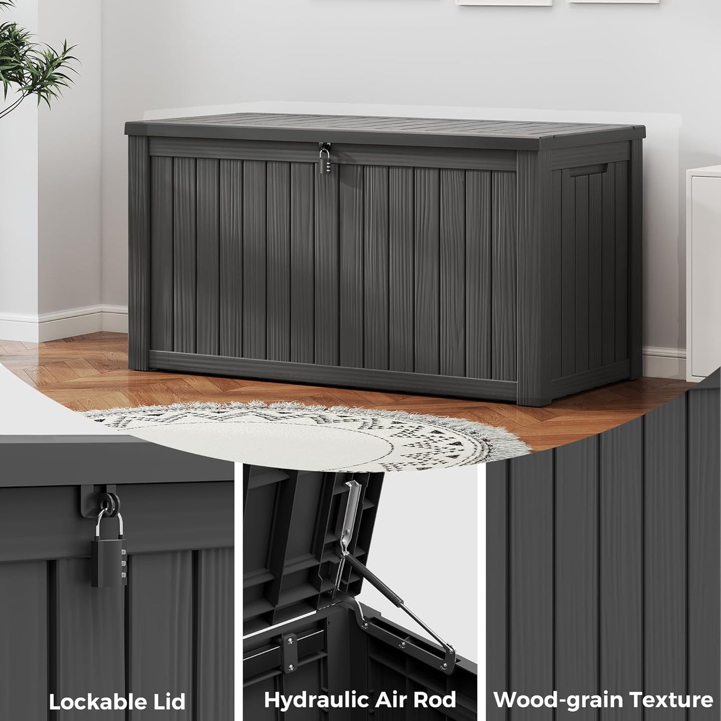 150 Gallon Resin Deck Box, Large Indoor and Outdoor Storage Box, Weatherproof and UV Resistant Outdoor Storage Box with Built-in Steel Beams for Patio, Cushions, Pool Supplies