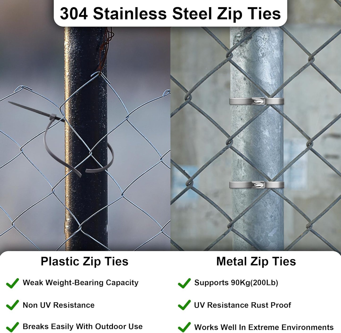 Foneso Metal Zip Ties (7.9 Inch 500PCS), 304 Stainless Steel Short Zip Ties Multi-Purpose Heavy Duty Self-Locking Cable Ties for machinery, fence, vehicles, farms, cables, pipesas well