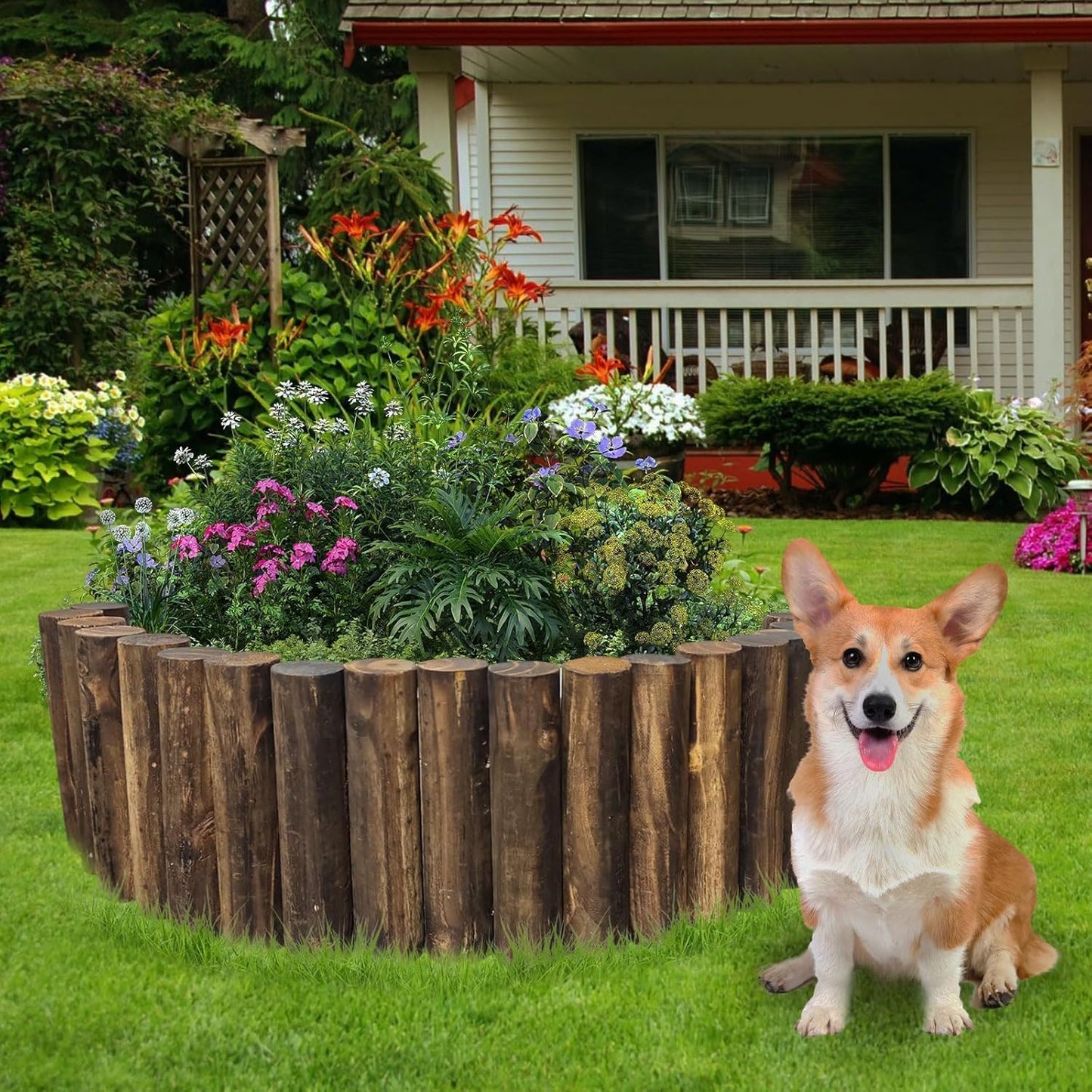 Wood Garden Fence, Natural Wooden Solid Log Edging Border Decorative for Flower Bed Barriers and Landscape Fencing (4PACK)