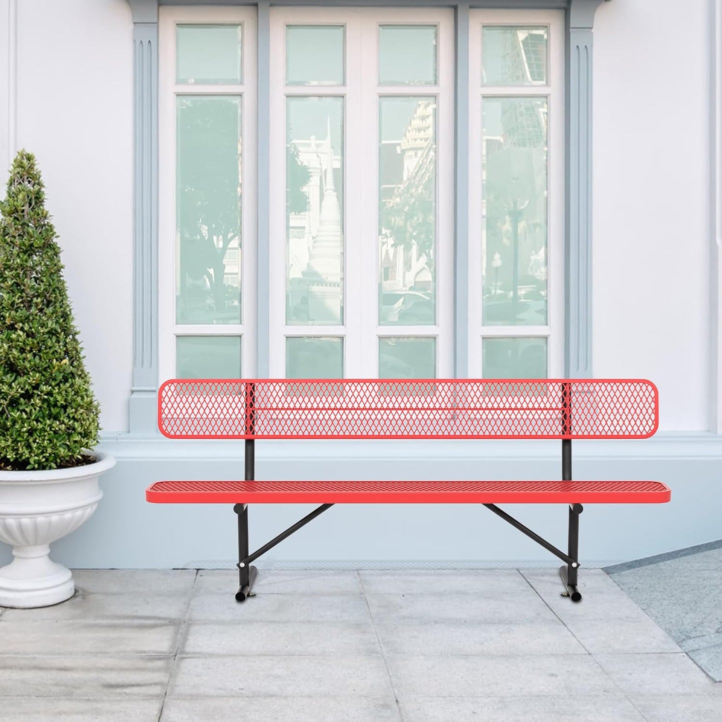 8 Feet Heavy Duty Metal Park Bench for Outside, Outdoor Bench with Backrest & Portable Frame, Commercial Benches for Shopping Malls, Stores, Parks, Patios, Decks, Red