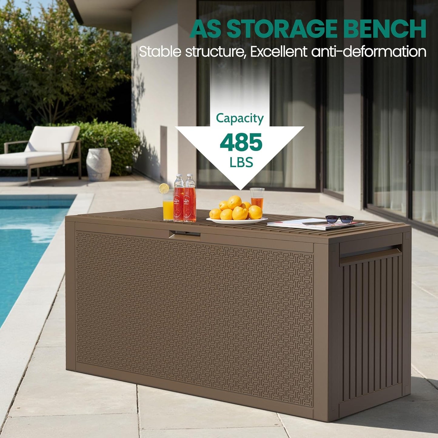 90 Gallon Outdoor Deck Box, Waterproof Outdoor Storage Box, Durable Resin Bin for Patio Cushions, Garden Tools and Pool Accessories, Lockable with UV Protection, Brown, Patio Furniture