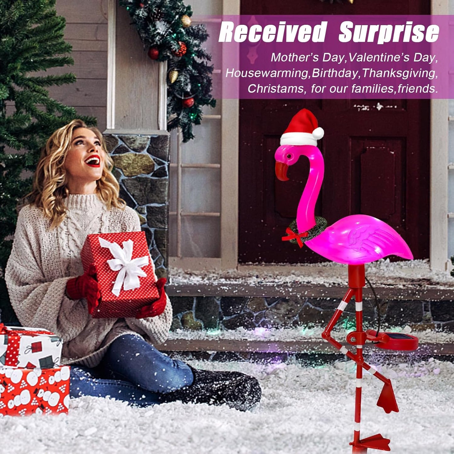 Solar Garden Lights Christmas Decorations Outdoor Waterproof,2 Packs Solar Flamingo Light,Birthday Xmas Gifts for Women Mom,Pink Flamingo Garden Statue,Decorative Lights for Yard Art Patio Porch Lawn