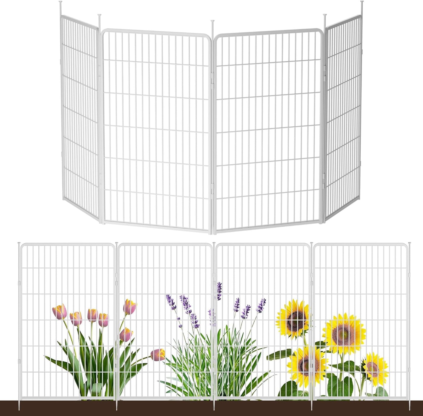 Doorless Garden Fence 45 in(H) x 8.9 ft(L) 4 Panels, Heavy Duty Metal Animal Barrier Fence, No Dig Fence for Dogs, Rabbit Fence for Garden, White
