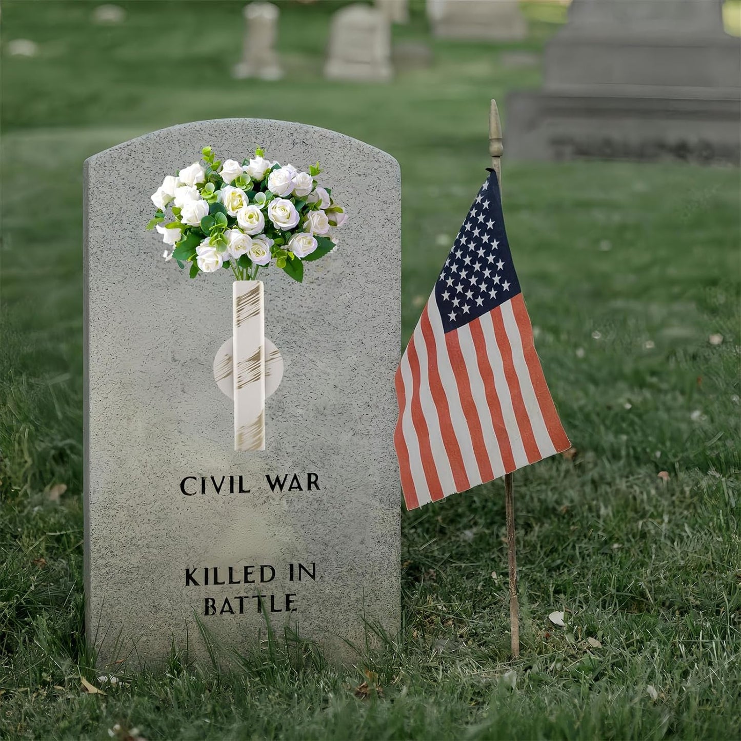 Self Adhesive Wall Vase Metal Tube Decoration Holder Used to Display Dried Flower, Faux Flowers, Fake Flowers, Also Suitable for Cemetery Memorial Decoration (2 Pcs White Gold Stripe)