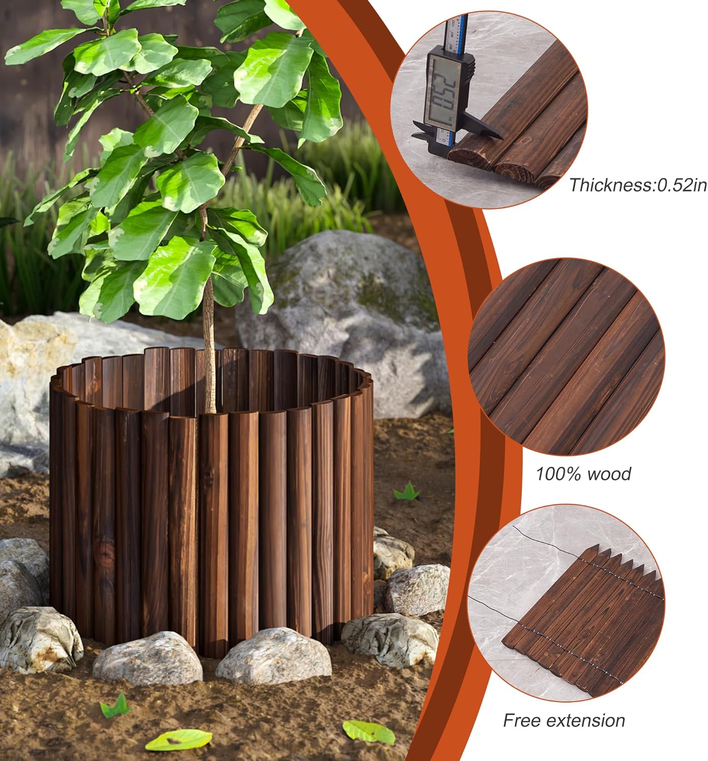 Garden Edging Border Wood Fence for Yard Patio Path Decorative Landscape Edging Flower Bed, 15.7" H-3pcs