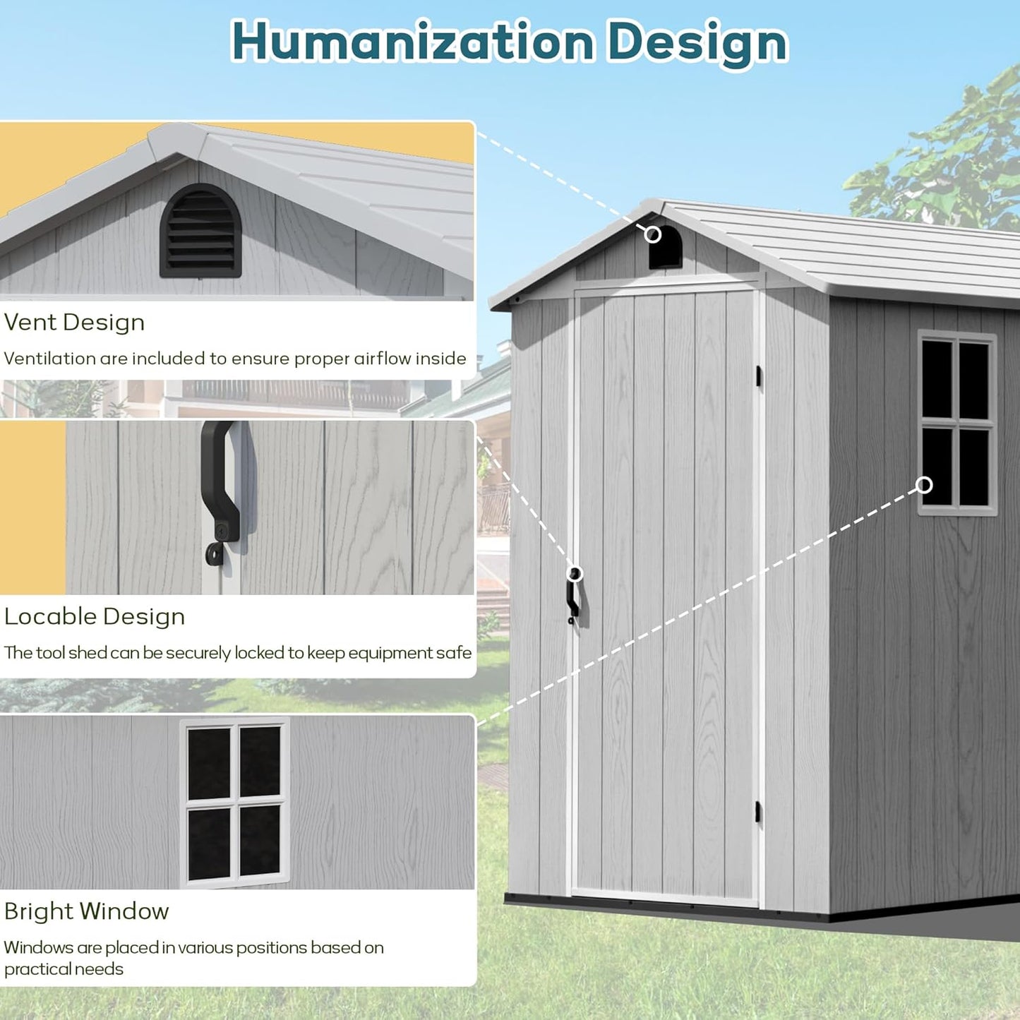 Greesum 4×6FT Plastic Outdoor Storage Shed with Floor, Resin Storaged Sheds with Lockable Door, Window & Vent, All-Weather Tool Sheds for Garden, Backyard, Patio, Light Gray (One-Piece Panel)