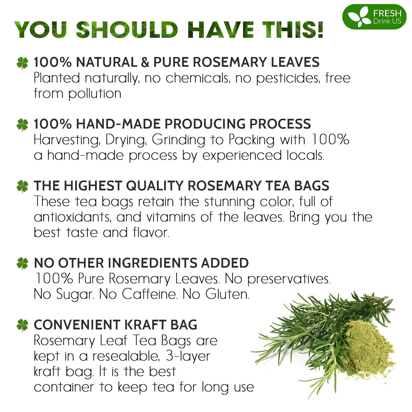FreshDrinkUS, Premium 135 Rosemary Leaf Tea Bags, 100% Natural and Pure Rosemary Dried Leaves, Pure Rosemary Herbal Tea, No Additives, No Caffeine, No Gluten, Vegan. (135 Tea Bags)