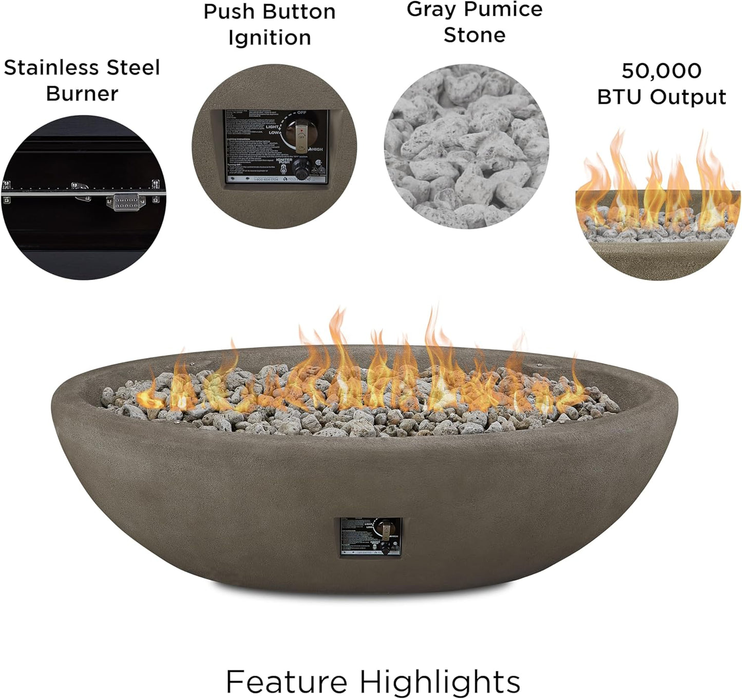 Real Flame Riverside 58" Oval Propane Fire Pit Bowl, Push-Button Ignition, Includes 28" Stainless Steel Burner, Lightweight 50,000 BTUs of Heat - Adjustable Flame Height