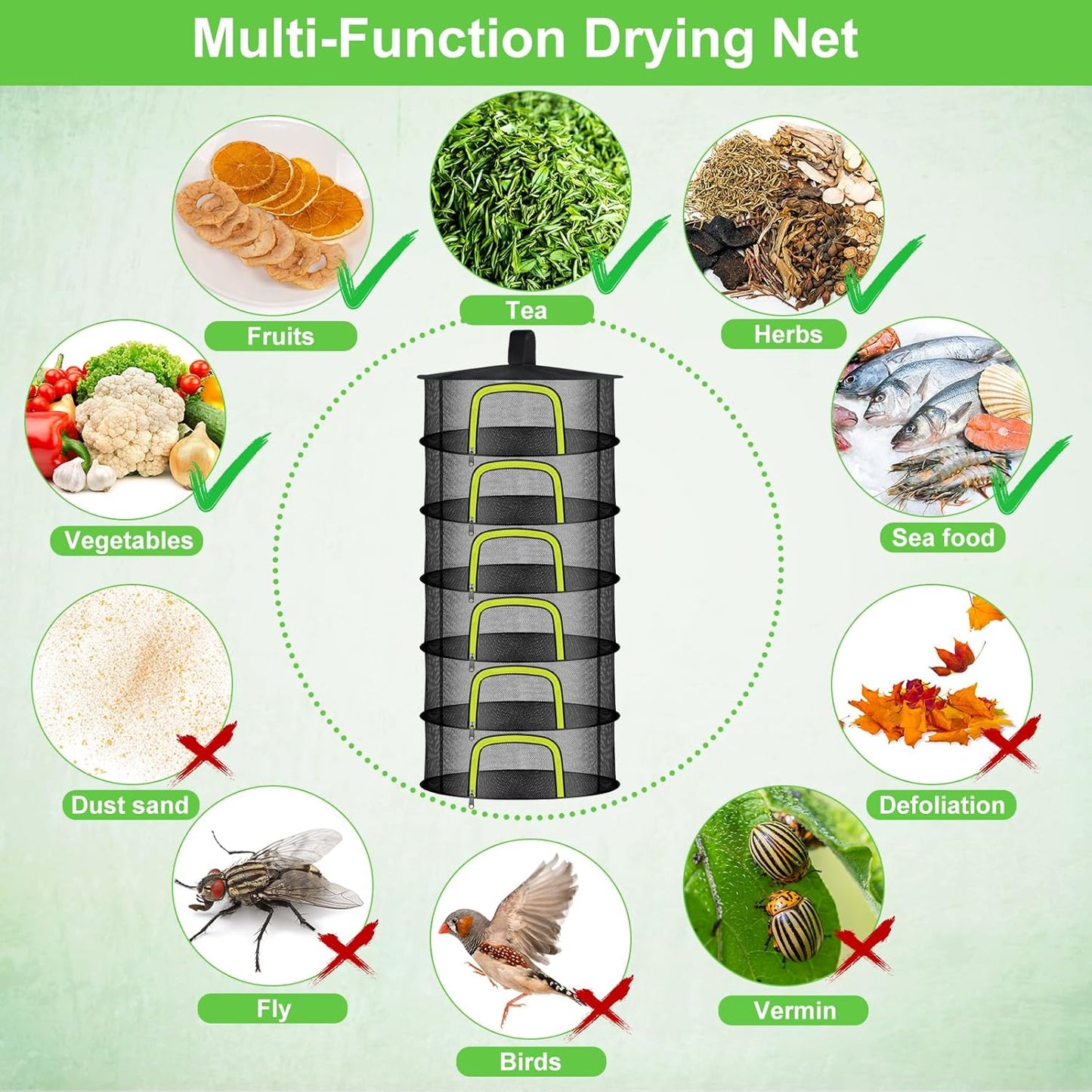 6 Layer Herb Drying Rack, Herb Drying Rack Hanging Mesh, Foldable Plant Drying Net With U-Shaped Zipper, Garden Shears, Hooks, For Drying Herbs Plants, Flowers, Fruits, Food, Clothes(6 Layers-23.62'')