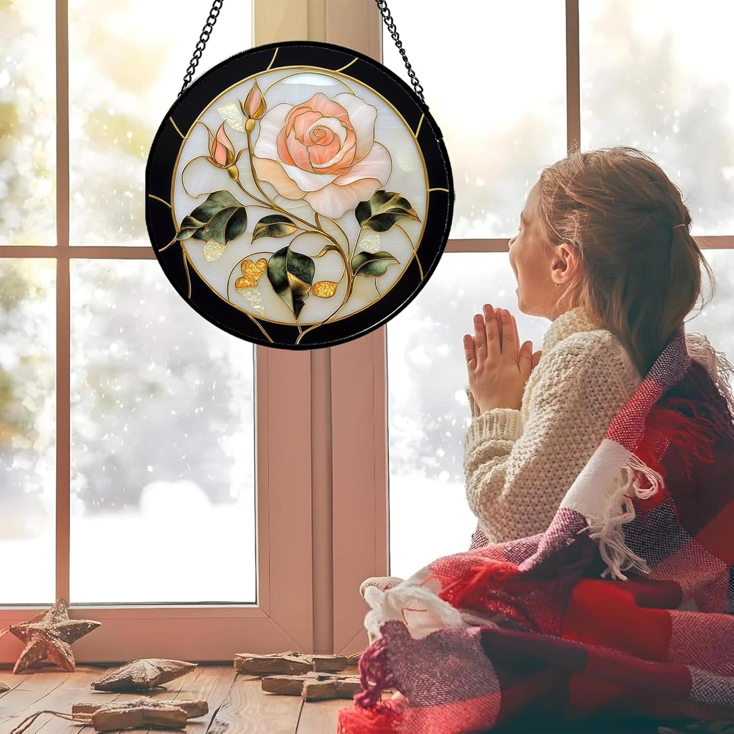Stained Glass Window Hanging - Black White Pink Rose Sun Catcher for Door Home Decor Flower Suncatcher Christmas Mother's Day Birthday Gifts for Women Men Lovers Mom Nana 15 in