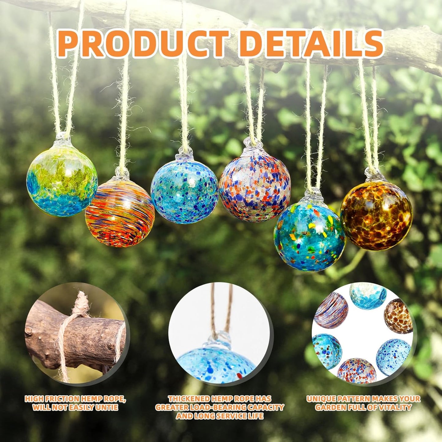 VOREEN Set 6 Hand-Blown Glass Ornaments Balls Witches Ball Hanging Glass Gazing Ball Friendship Balls for Outdoor Garden Patio Window Home Décor, Gift for Mom Wife Friend