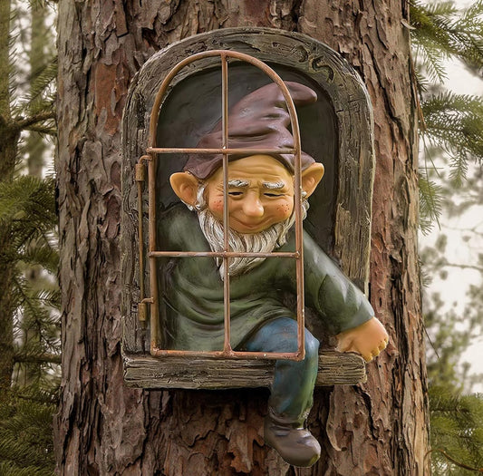 Climbing Gnome Patio Figurine Gift, Whimsical Garden Gnome Statue, Tree Face Hugger, Outdoor Garden Fairy Elves Accent, Classic Gnome Lawn Ornament, Hanging Yard Art, Funny Resin Decor