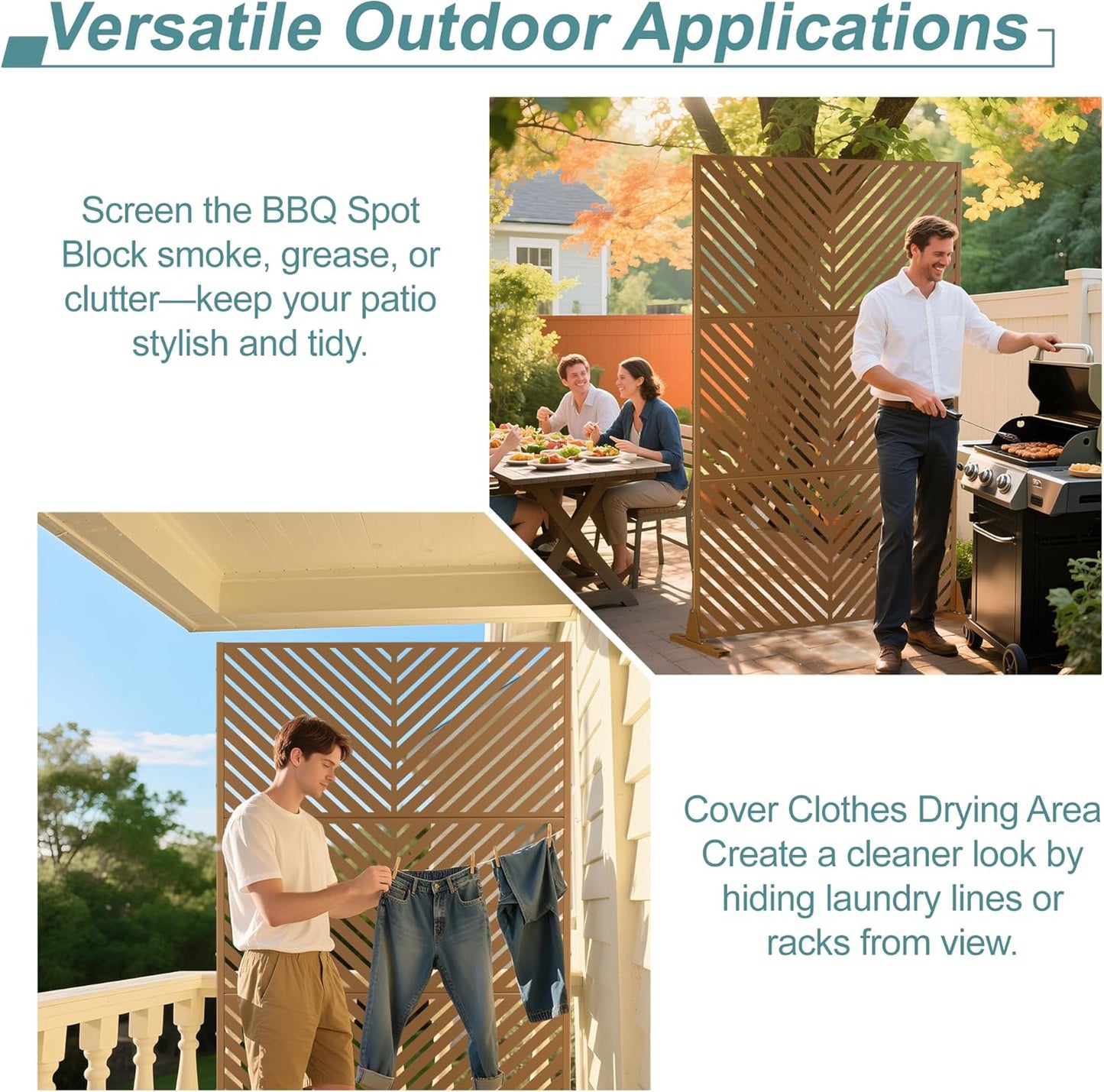 Metal Privacy Screen Outdoor Freestanding Privacy Wall Panels and Decorative Patio Dividers,Crafted from Steel with Sun-Proof Design, Ideal for Patio, Deck, Garden,72" H×47" L,（Brown&Parallel