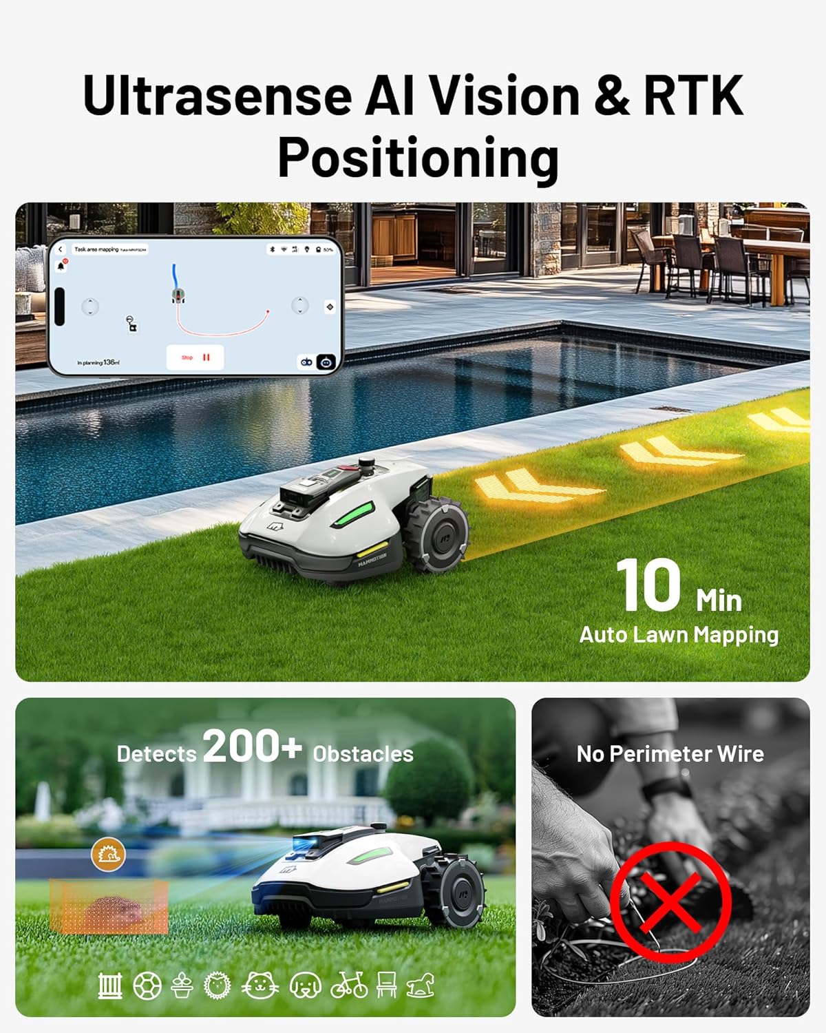 YUKA Mini 500 Robotic Lawn Mower for 0.12 Acre,Ultrasense AI Vision+ RTK Positioning, Auto Mapping, App Control,50% Slope,Perimeter Wire Free, 15 Mowing Zones Management