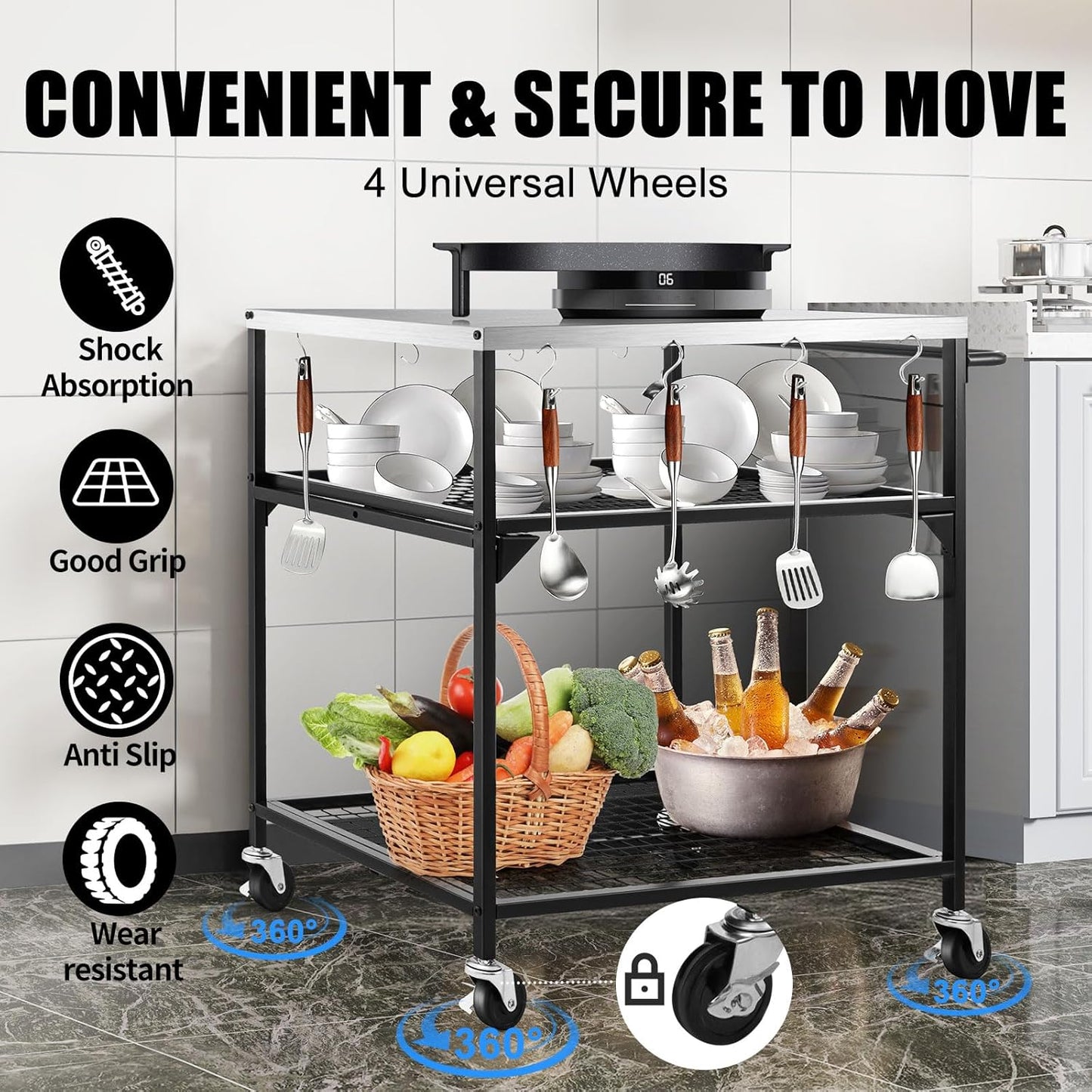 3-Shelf Outdoor Grill Table, Pizza Oven Tables with Waterproof Cover, Movable Dining Cart, Trolley Table with Wheels, Outdoor Kitchen Cooking Prep BBQ Cart for Home Party, Bar,Camping