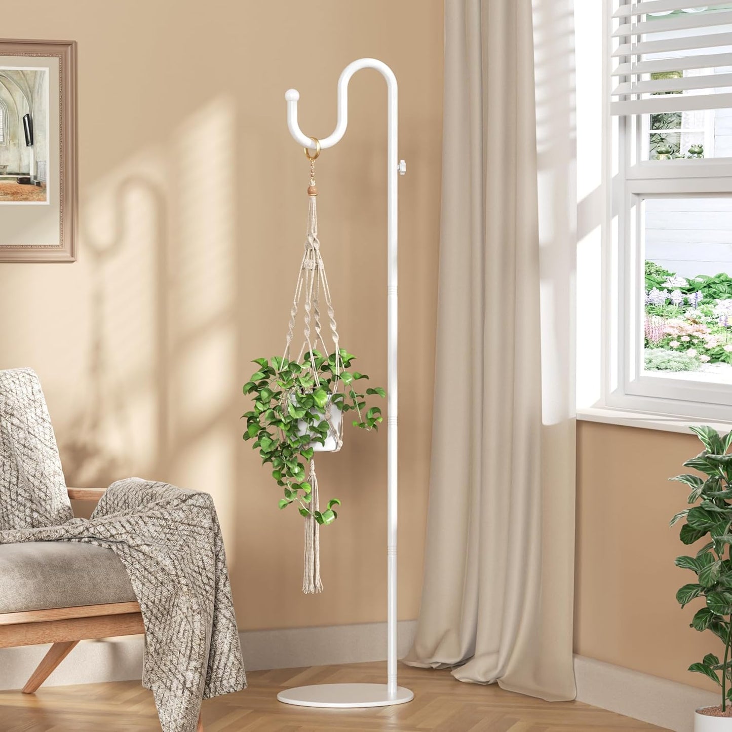 niffgaff 74" Shepherds Hook Stand for Plant: Hanging Bird Feeders, Plants, Lanterns, Wreath and Wind Chimes, Adjustable Free Standing Pole Holder with Heavy Duty Base, Holds Up to 20 LBS, White