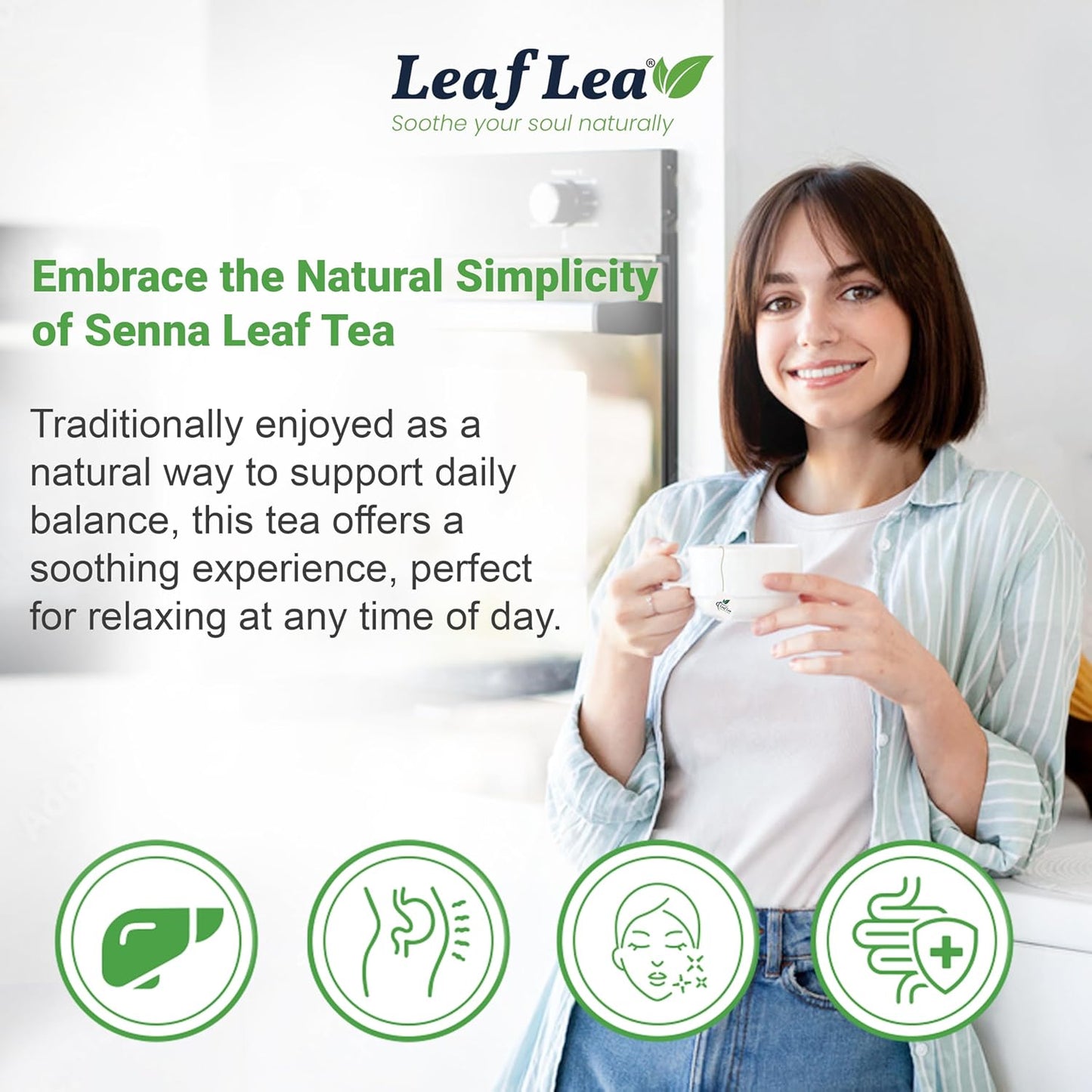 LeafLea 120 Senna Tea Bags – Pure Senna Herbal Laxative Tea, Naturally Supports Constipation Relief & Digestive Cleanse, Caffeine-Free, No Sugar, No Gluten, Non-GMO, Vegan, Individually Wrapped