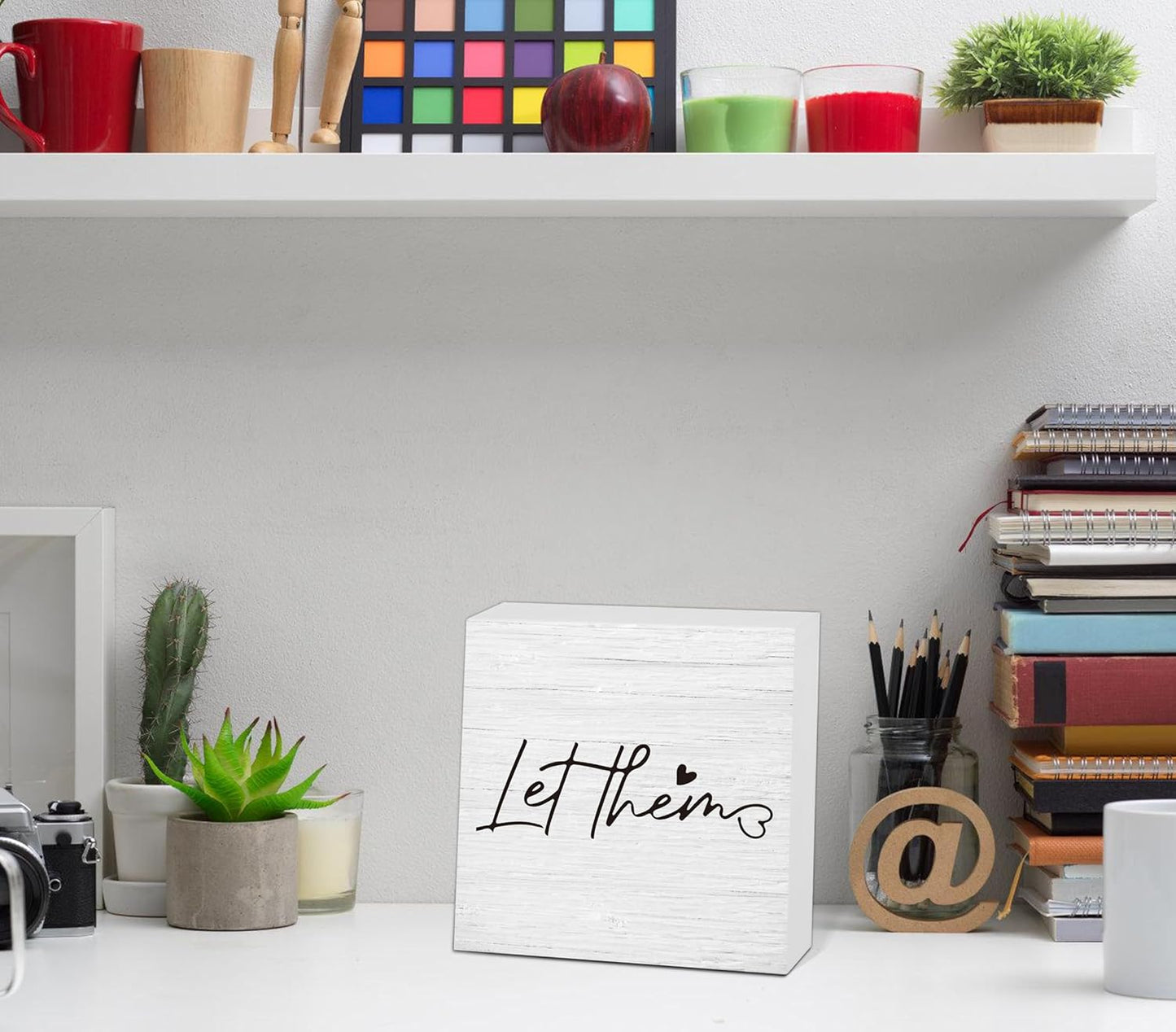 Let Them Wooden Sign, Desk Decorations For Women Office, 5x5 Inch Farmhouse Funny Office Decor Wood Box Sign, Desk Shelf Cubicle Accessories, Appreciation Gifts for Coworkers Boss, 06