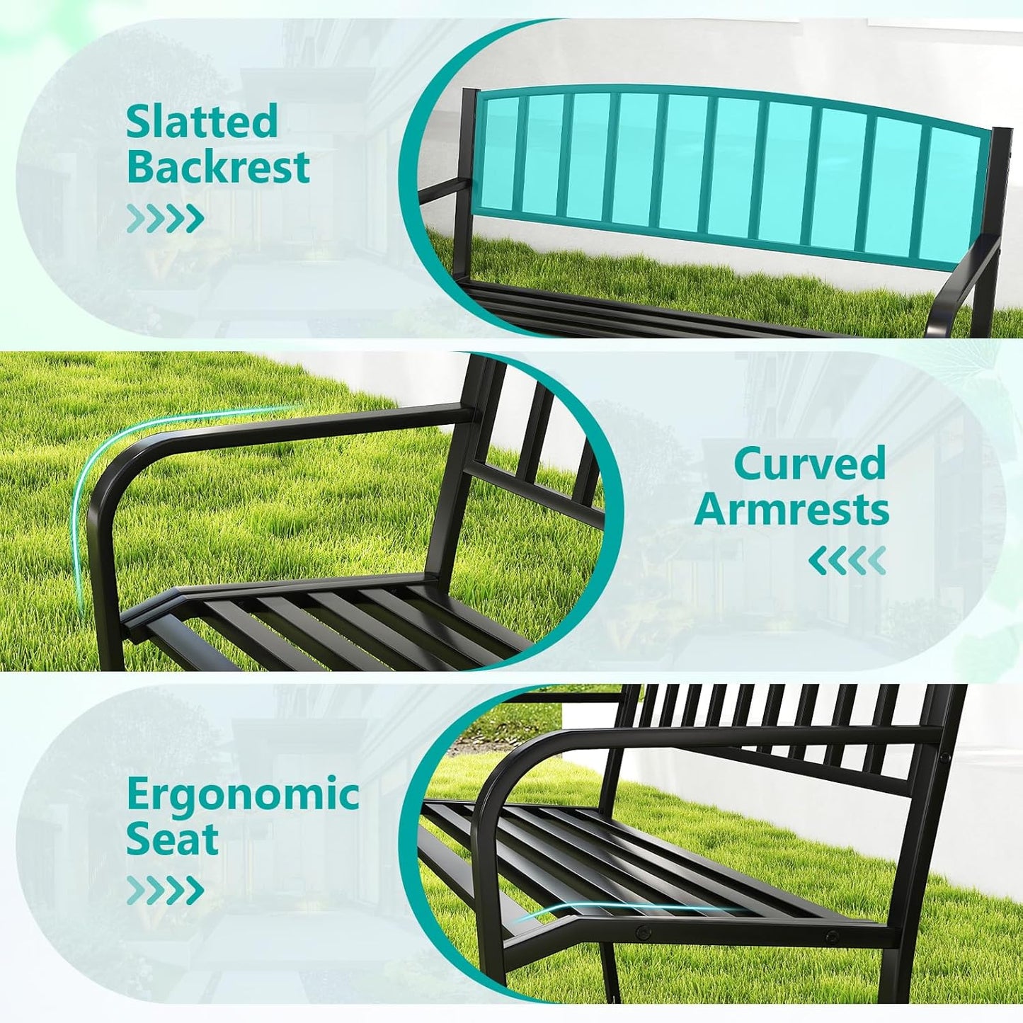 Tangkula Metal Outdoor Park Bench, 50 Inches Patio Garden Bench with Slatted Backrest and Curved Armrests, 2-3-Person Patio Bench, Outdoor Metal Loveseat Chair for Porch, Lawn, Yard and Park