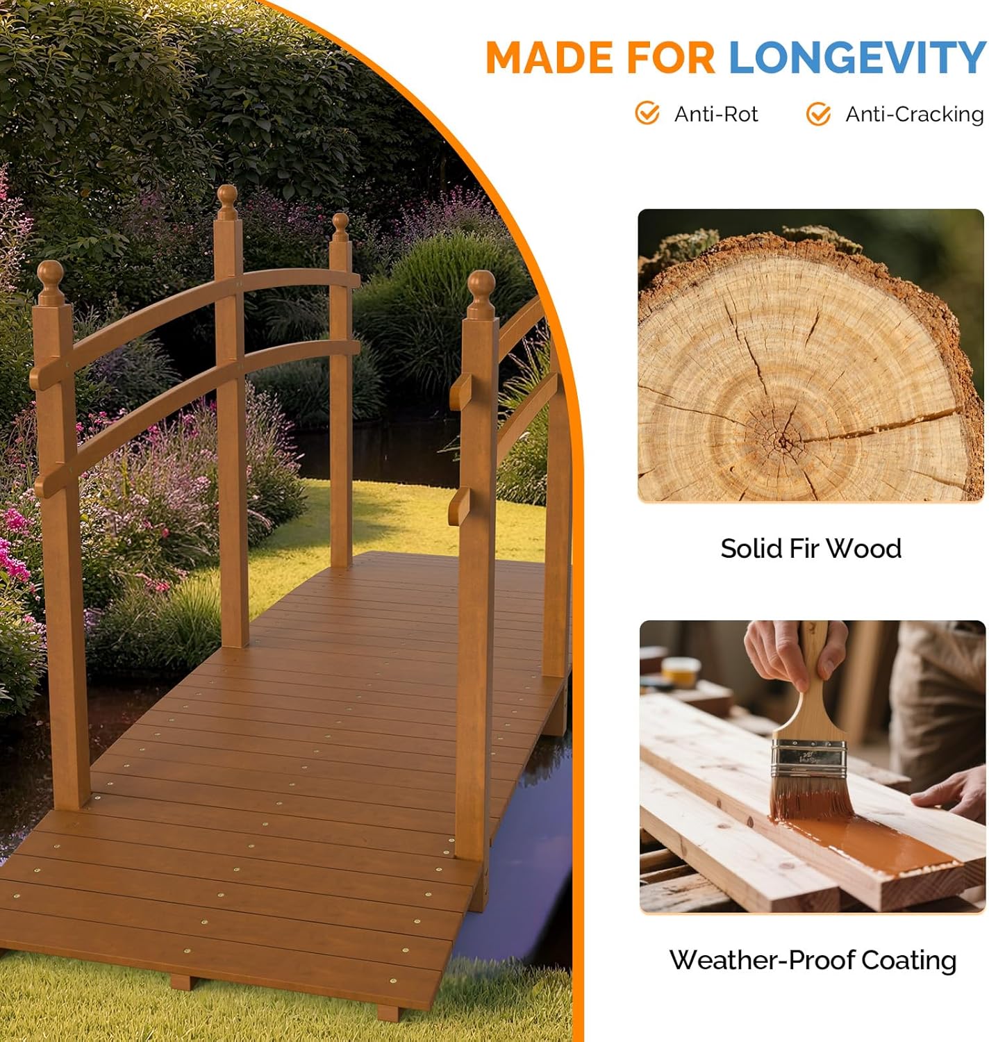VINGLI Garden Bridge, Classic Wooden Arch with Safety Rails Footbridge (Brown, 7.5 ft)