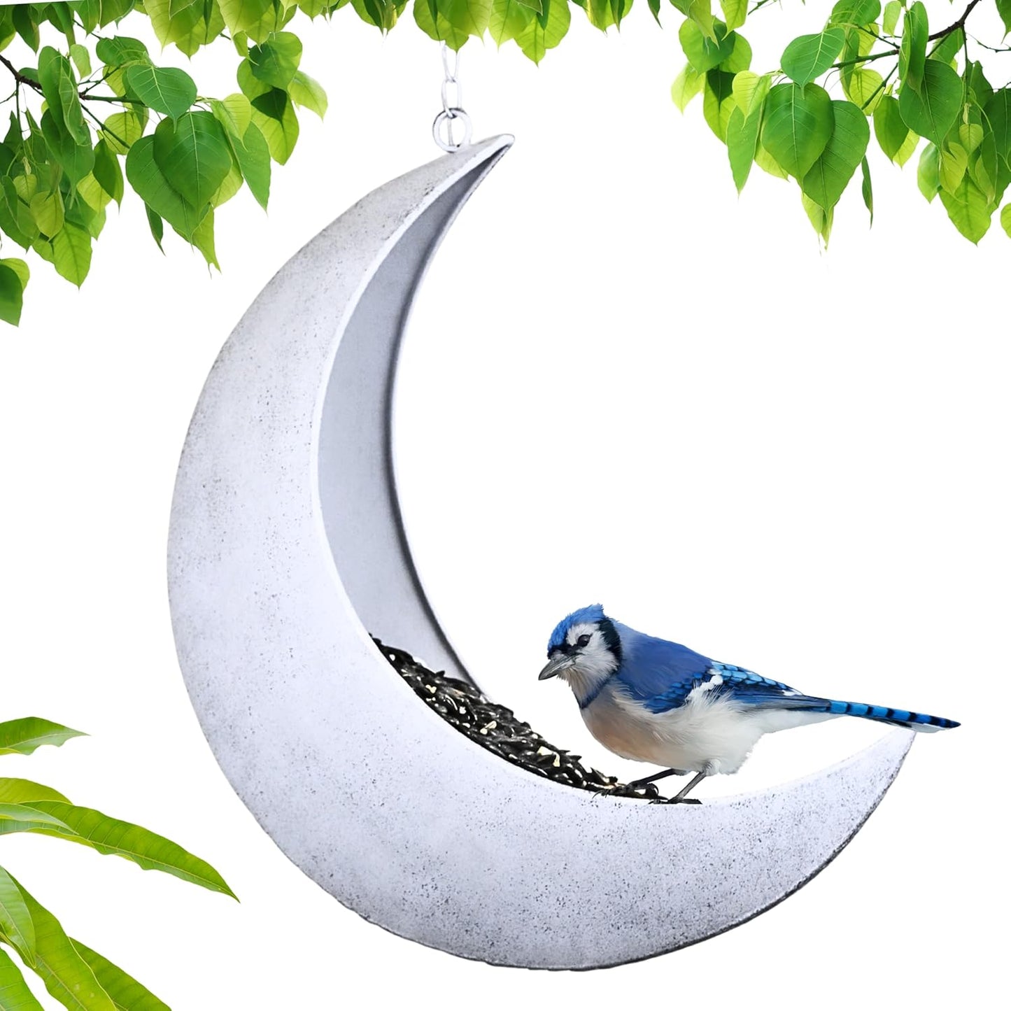 Hanging Moon Bird Feeder – Unique Metal Bird Feeders for Outdoors, Rustic White, Rust-Resistant, Drain Holes – Wild Bird Feeder for Bluebirds, Cardinals, Finches, and Backyard Birdwatching