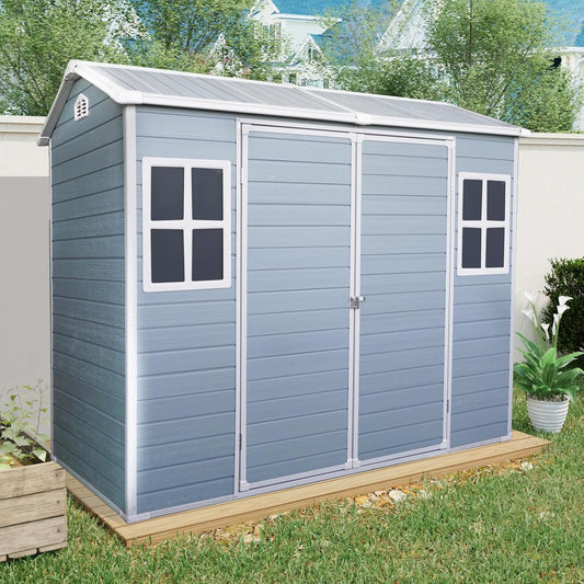 8x4 ft Outdoor Resin Storage Shed with Floor, Waterproof Plastic Garden Shed with Lockable Door and Two Windows, All-Weather Tool Sheds for Backyard, Patio, Lawn (Grey)