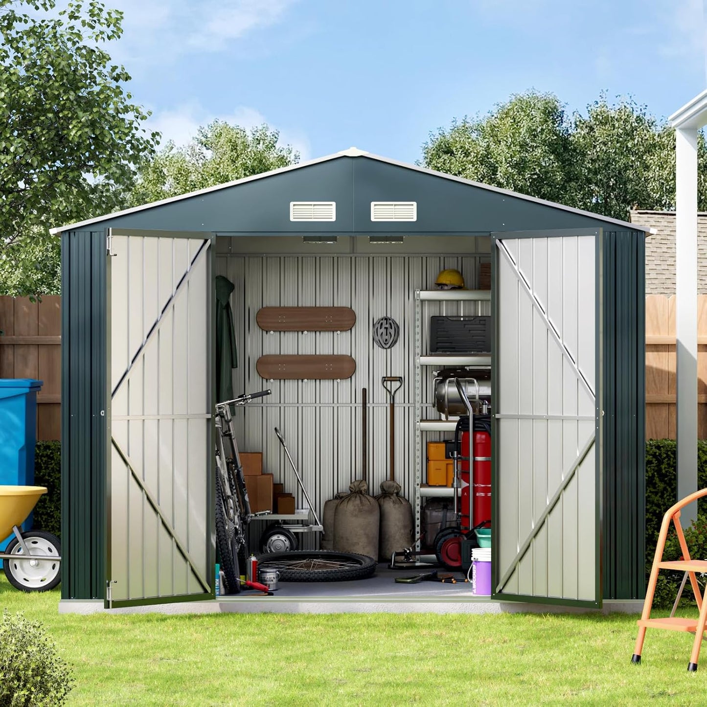 10X10X7.5 FT Outdoor Steel Storage Shed with Lockable Doors, 2 Windows, Frame Floor (No Wood/Other Boards), Ideal for Garden, Backyard, Patio Storage