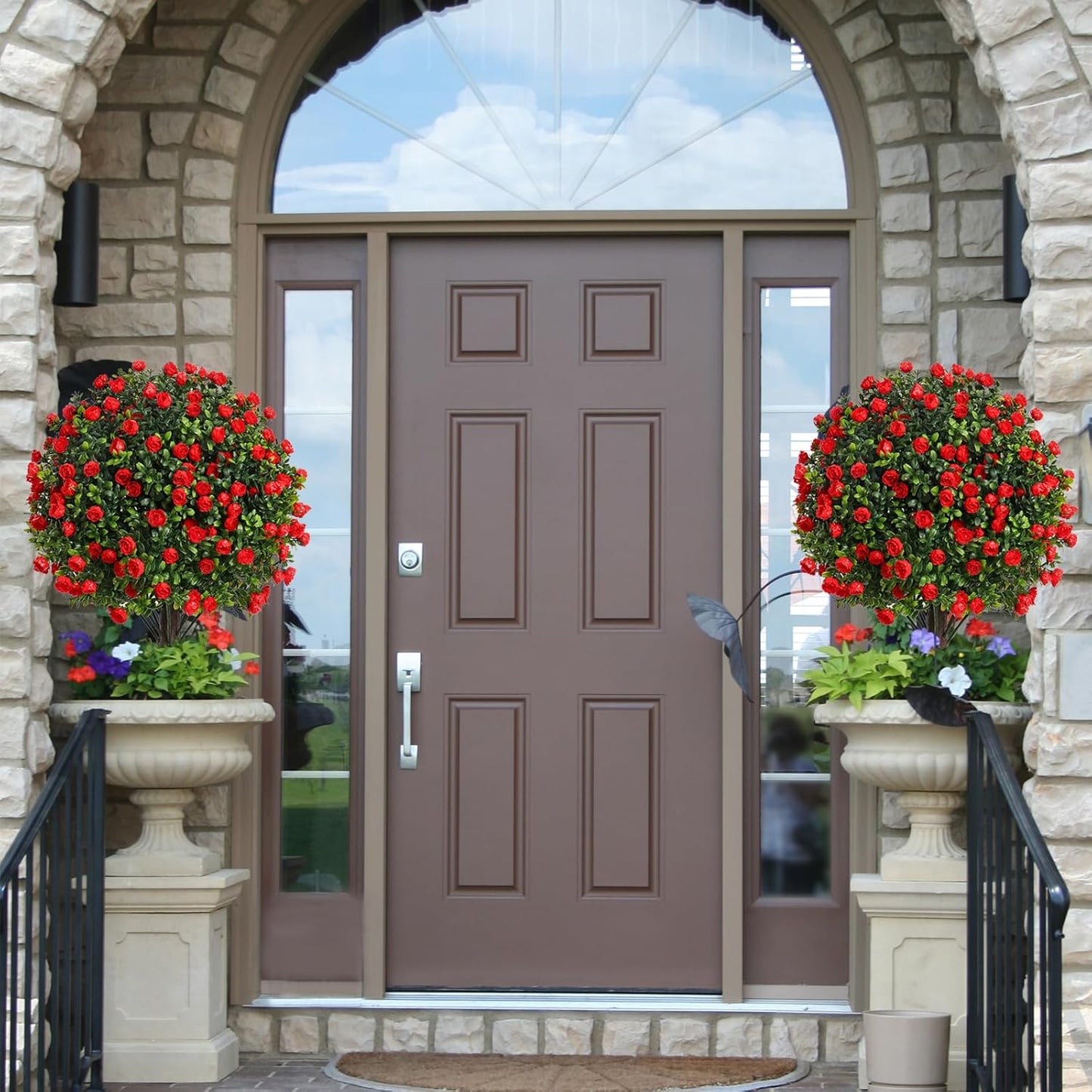 Artificial Rose Topiary Trees, 17 Inch UV-Resistant Red Flowers, Set of 2 with Ground Stakes, Indoor Outdoor Decorative Plants