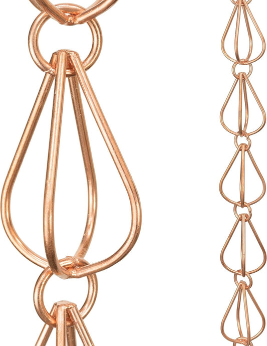 Monarch Rain Chains Pure Copper Teardrop Rain Chain, 8.5 ft Decorative Rain Catcher Chain for Gutters, Rain Chains for Outside, Rain Gutter Replacement Downspout