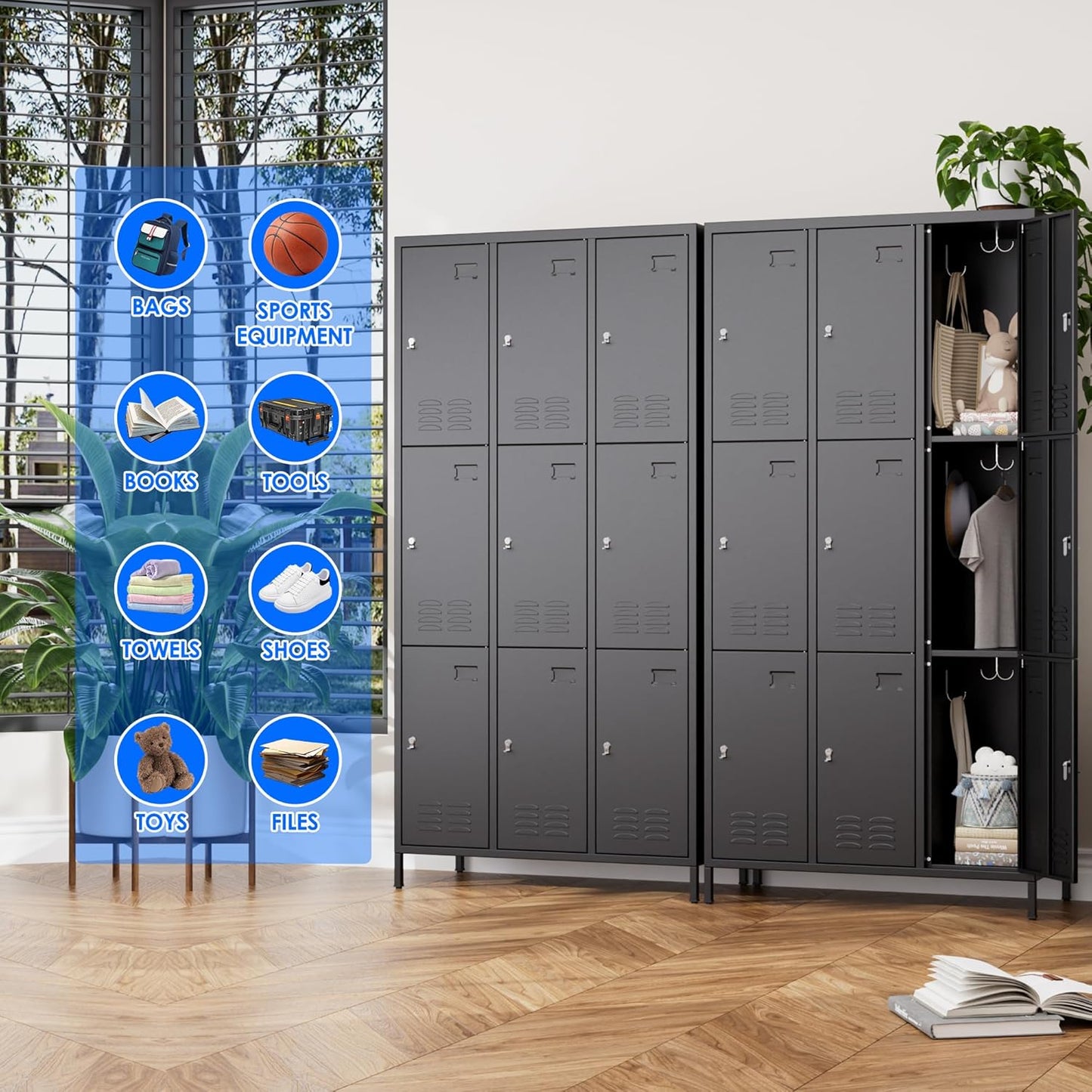 9 Doors Metal Locker for Employees with 27 Hooks and Business Card Holder,Metal Locker with Ventilation Holes for School Garage Office Gym Home,Assembly Required,Black