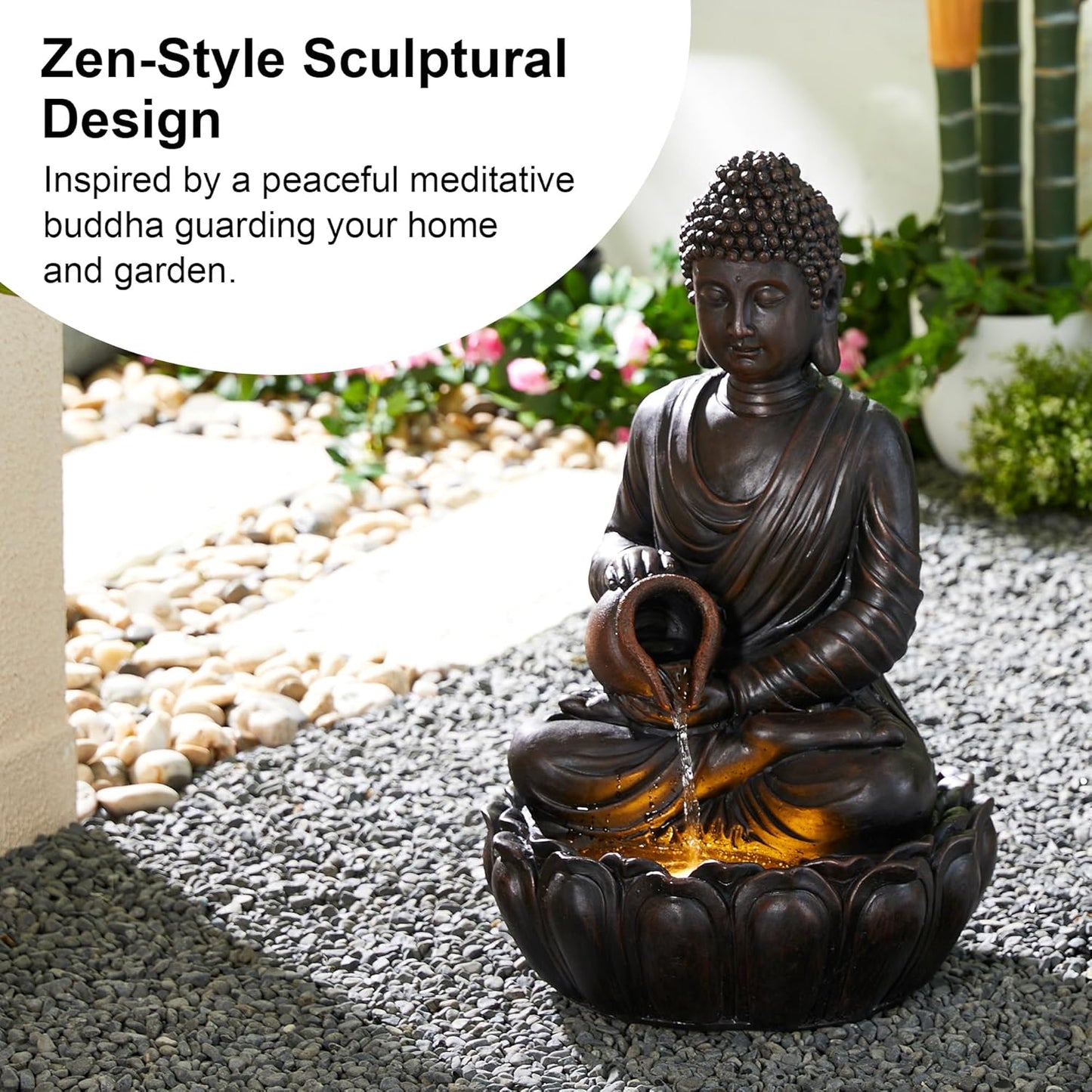 Glitzhome Buddha Fountain Outdoor 2 Tier Zen Style Buddha Water Fountains with Pump & LED Light, Buddha Fountains and Waterfalls Outdoor Floor Fountain Buddha Statues for Garden Patio Backyard 21" H