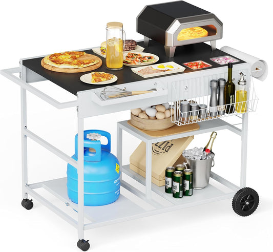 Vongrasig Pizza Oven Table with Topping Station, Outdoor Grill Cart with Storage for Blackstone Grill Ooni Pizza Ovens, Outdoor Kitchen Island Movable Grill Table Bar Cart