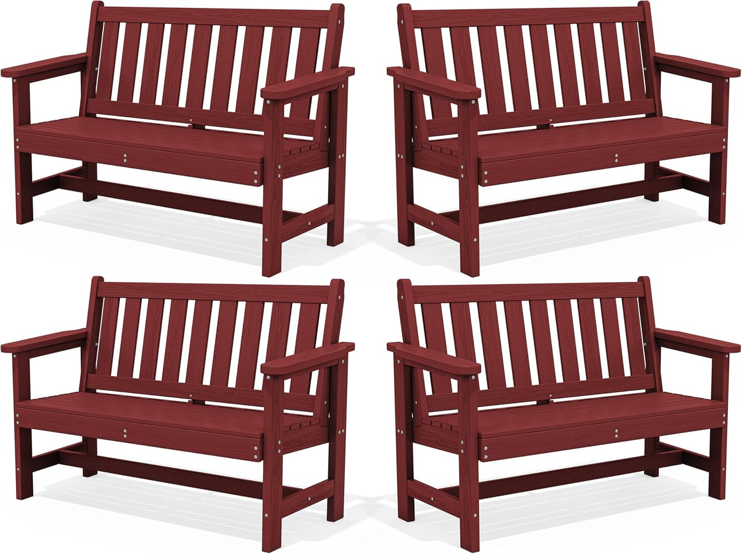 SERWALL Outdoor Bench, HDPE Outdoor Benches Weatherproof, 2-Person Garden Bench with 660 lbs Weight Capacity, Patio Benches for Outdoors, Garden, Porch, Backyard and Park, Red, 4 Pack