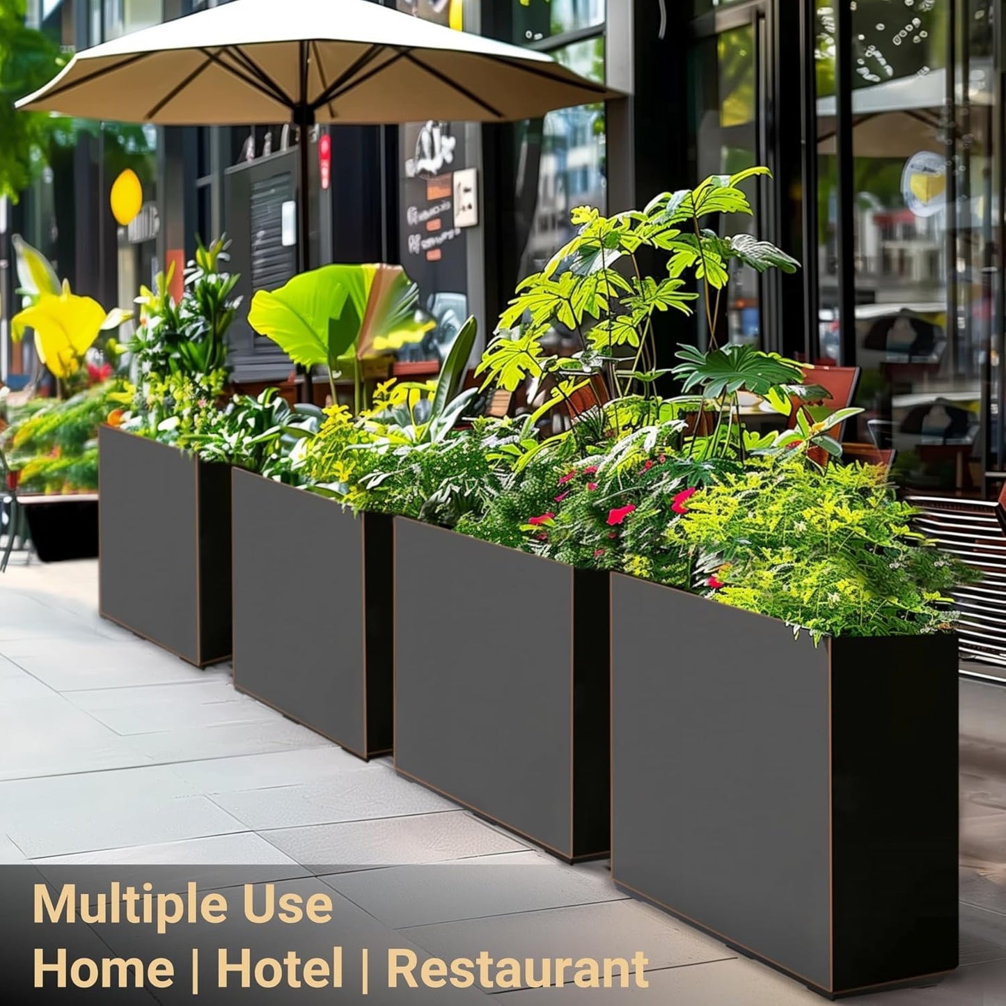 Metallic Heavy Outdoor Planter Box, Span Planter, Long and Tall Divider, 30Lx10Wx24H, Black with Gold Rim, 30.8 Pounds