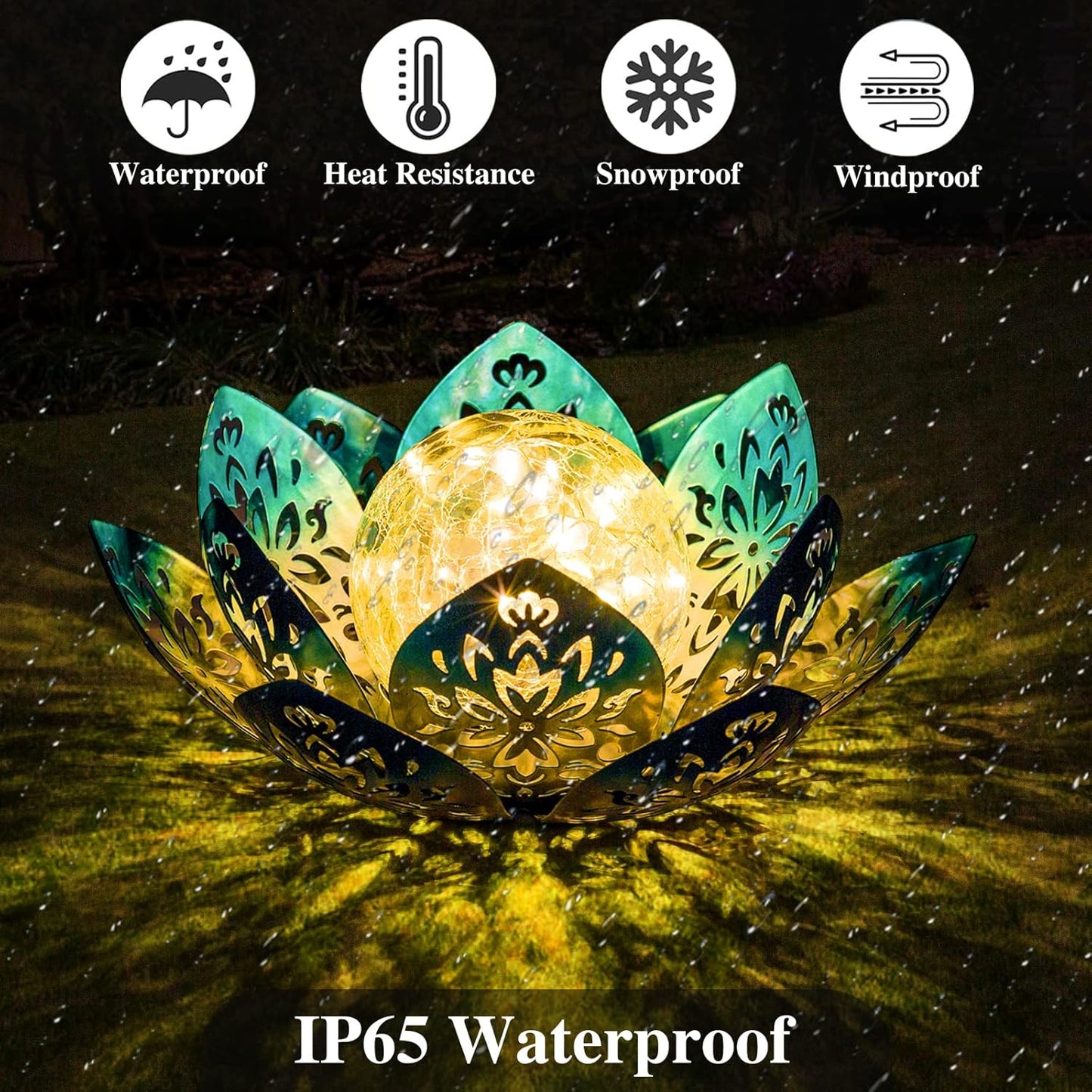 Huaxu Solar Lights Outdoor Decorative - Bright Blue Lotus Flower Table Lamp, Glass Globe 30 LED Waterproof Metal Decorations Gifts for Mom Women Garden Patio Pathway Yard Balcony Outside Decor