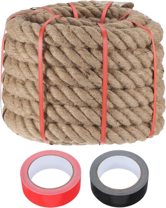 MECCANIXITY Jute Rope 2 Inch x 49ft, Thick Twine Rope Ropes Braided Jute Twine Natural Brown Burlap Cord String Heavy Twisted with Tapes for Decorative Crafts Railing Swing Tug of War